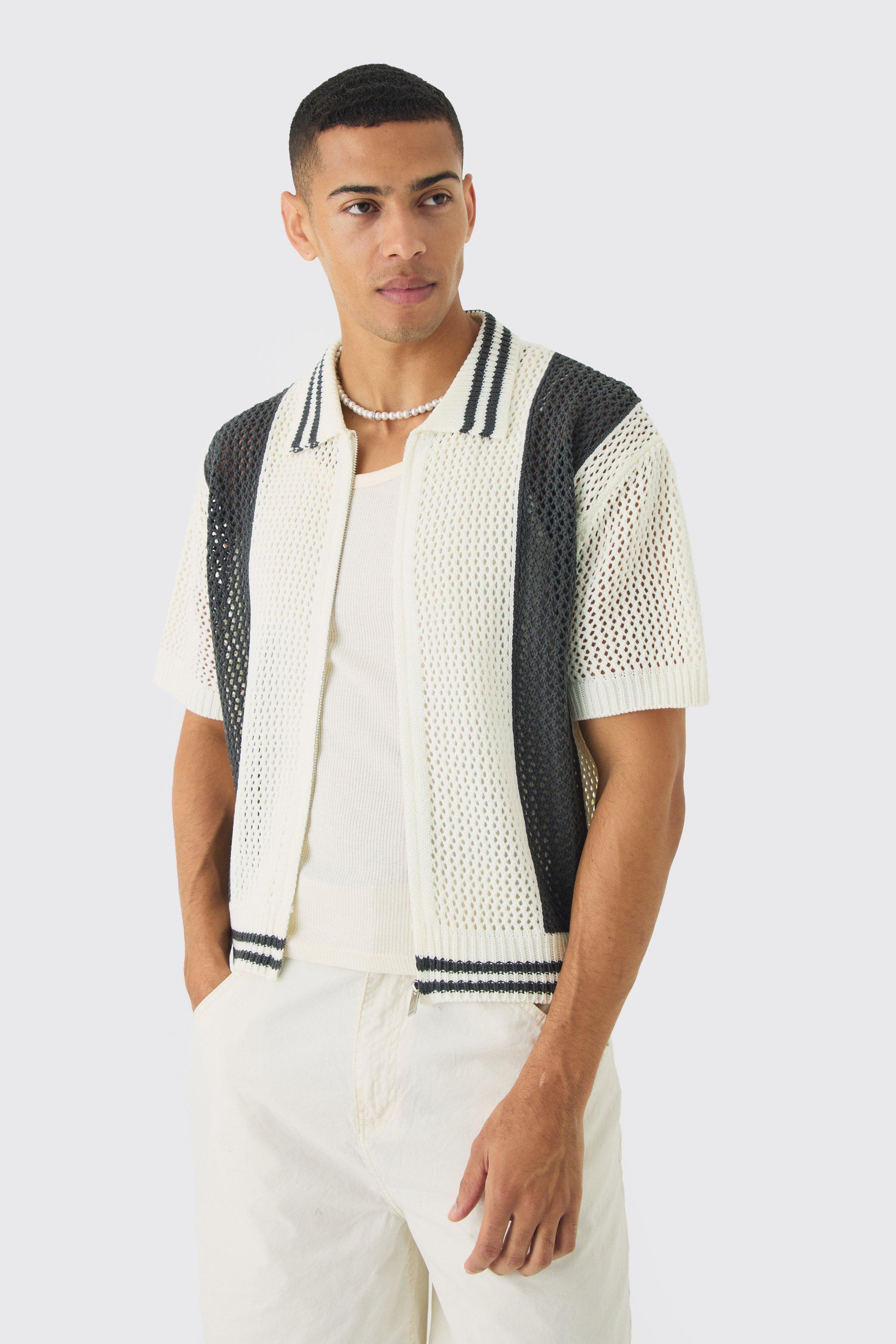 Mens White Oversized Boxy Open Stitch Zip Through Knitted Shirt, White