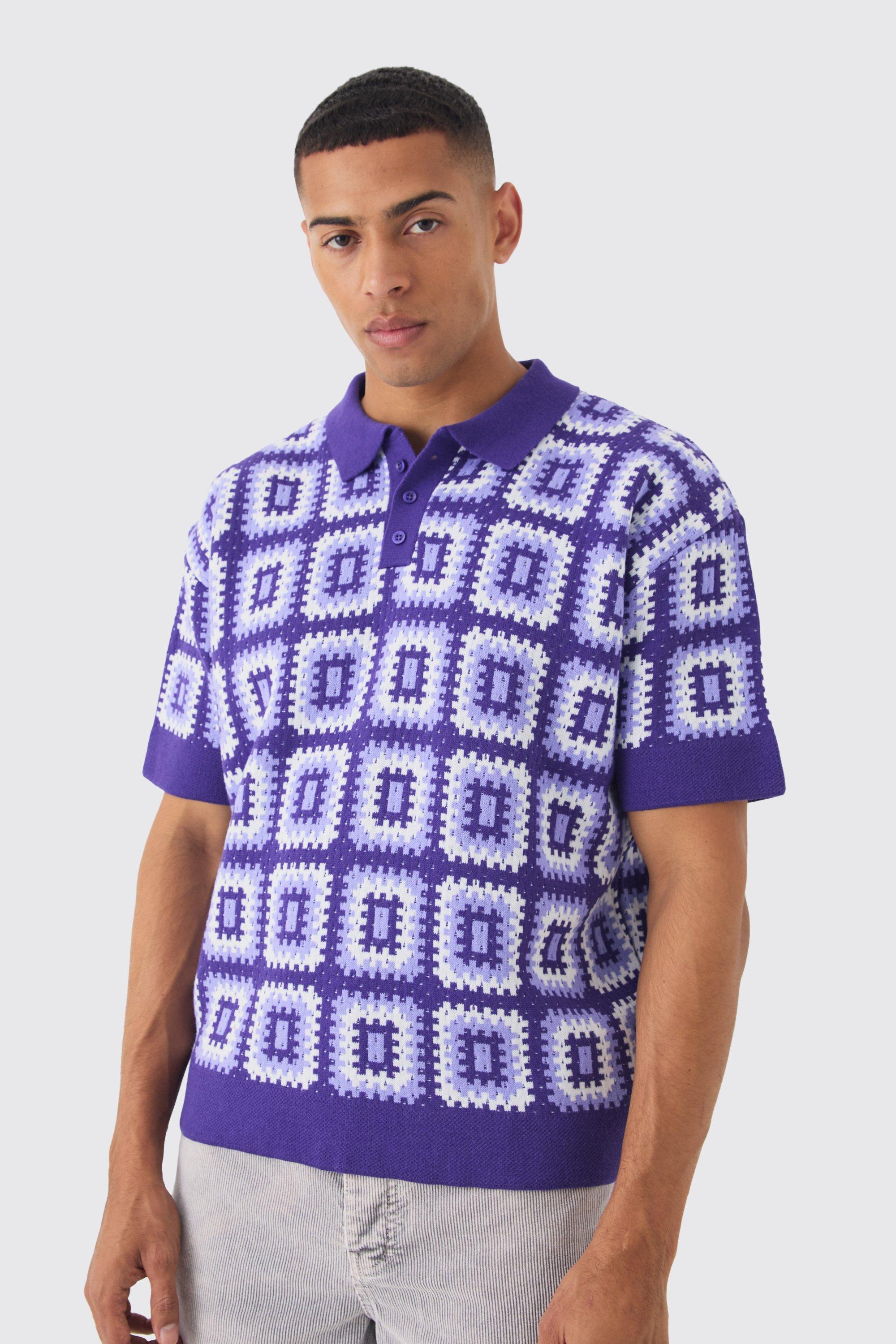 Mens Purple Oversized Crochet Knit Polo, Purple