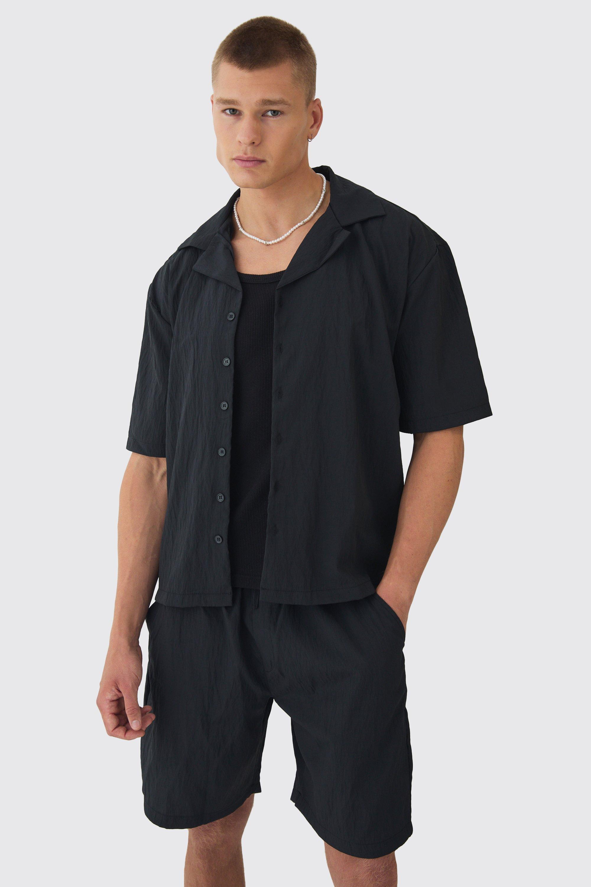 Mens Black Oversized Crinkle Revere Shirt & Relaxed Short Set, Black