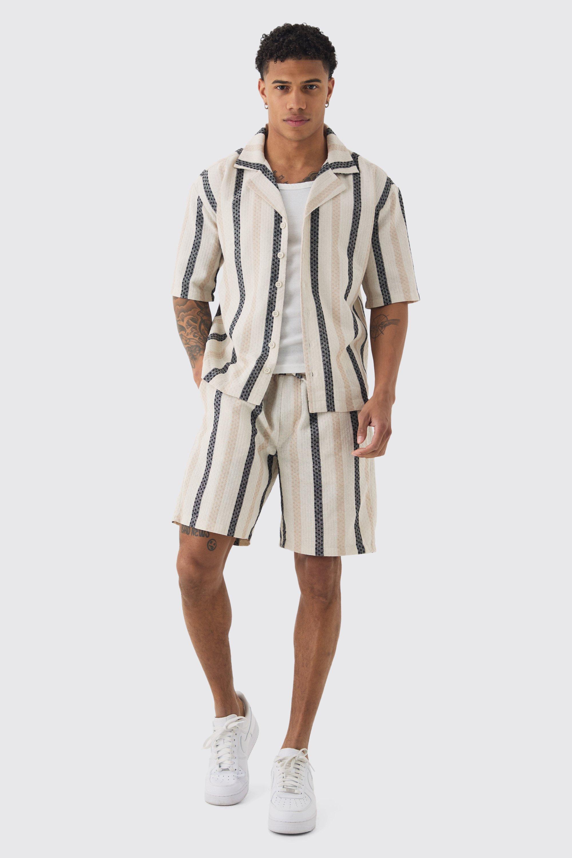 Mens Beige Oversized Revere Linen Look Stripe Shirt & Short Set, Beige