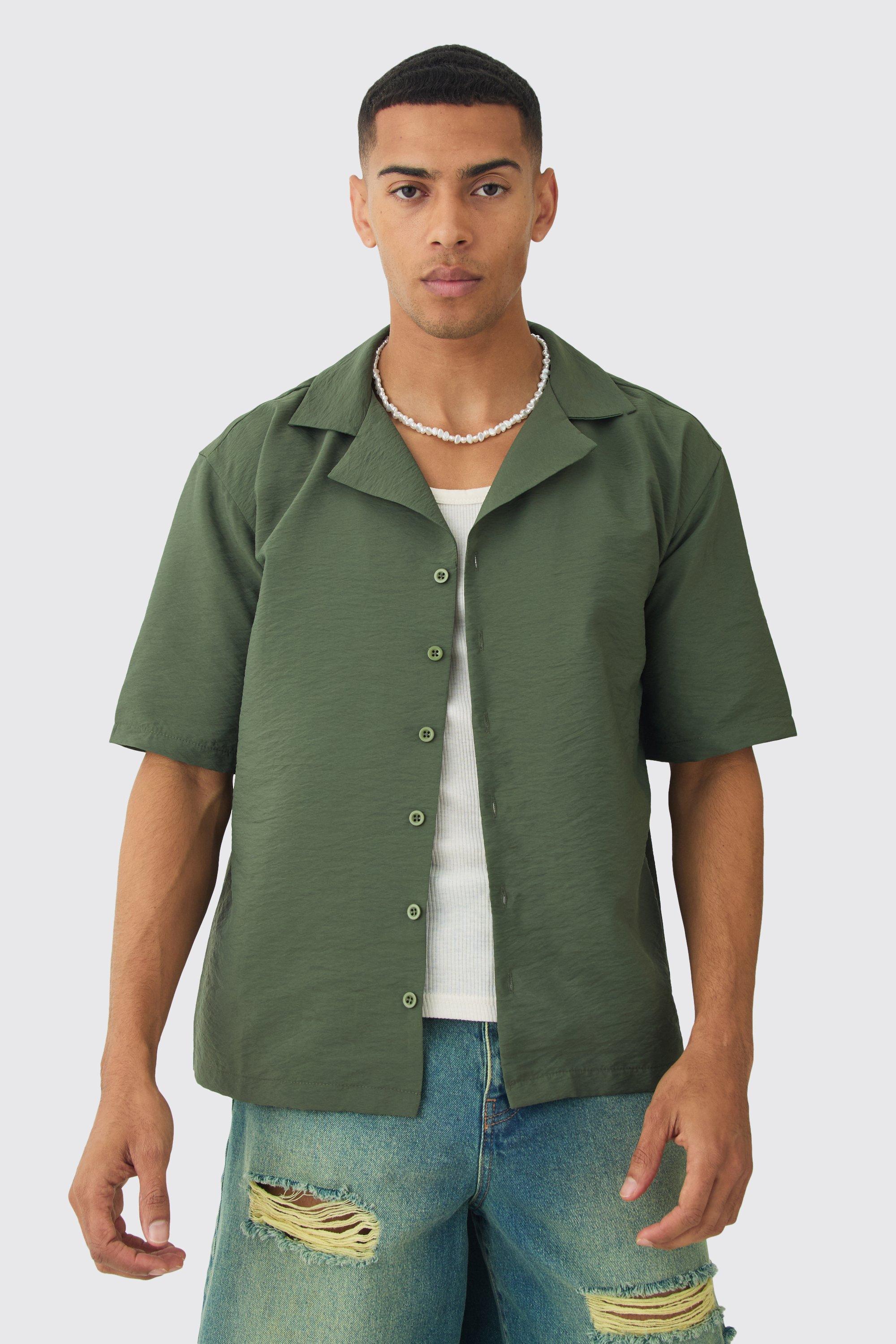 Mens Green Oversized Crinkle Revere Shirt, Green