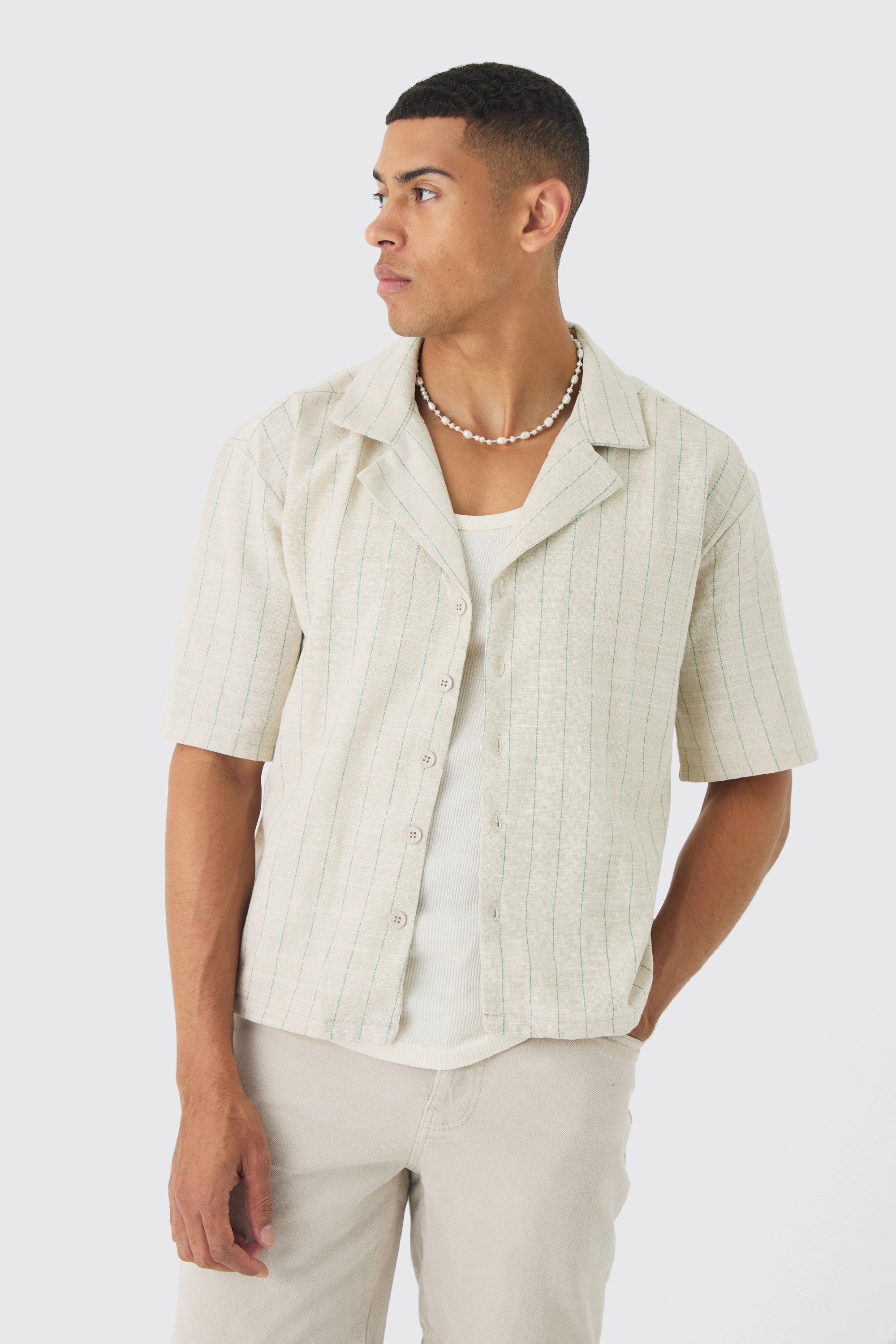 Mens Green Oversized Boxy Revere Linen Shirt, Green