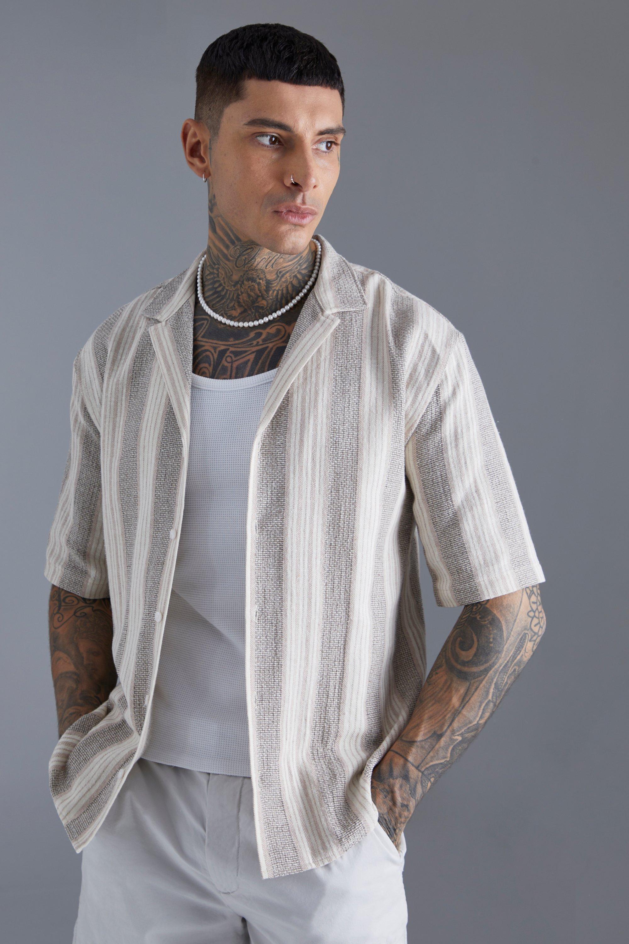 Mens Beige Oversized Revere Linen Look Stripe Shirt, Beige