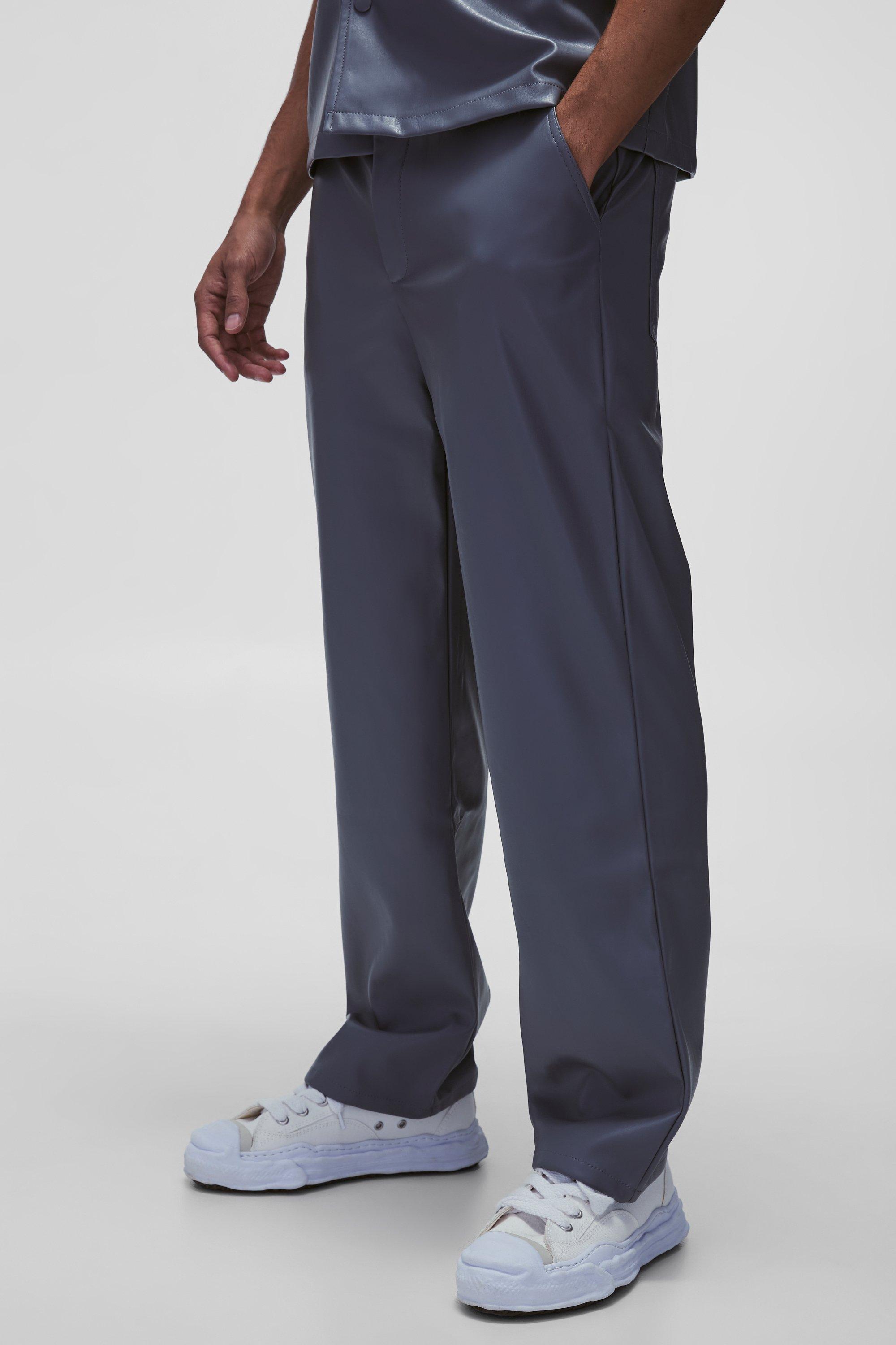 Pantaloni rilassati in PU con vita fissa, Grigio