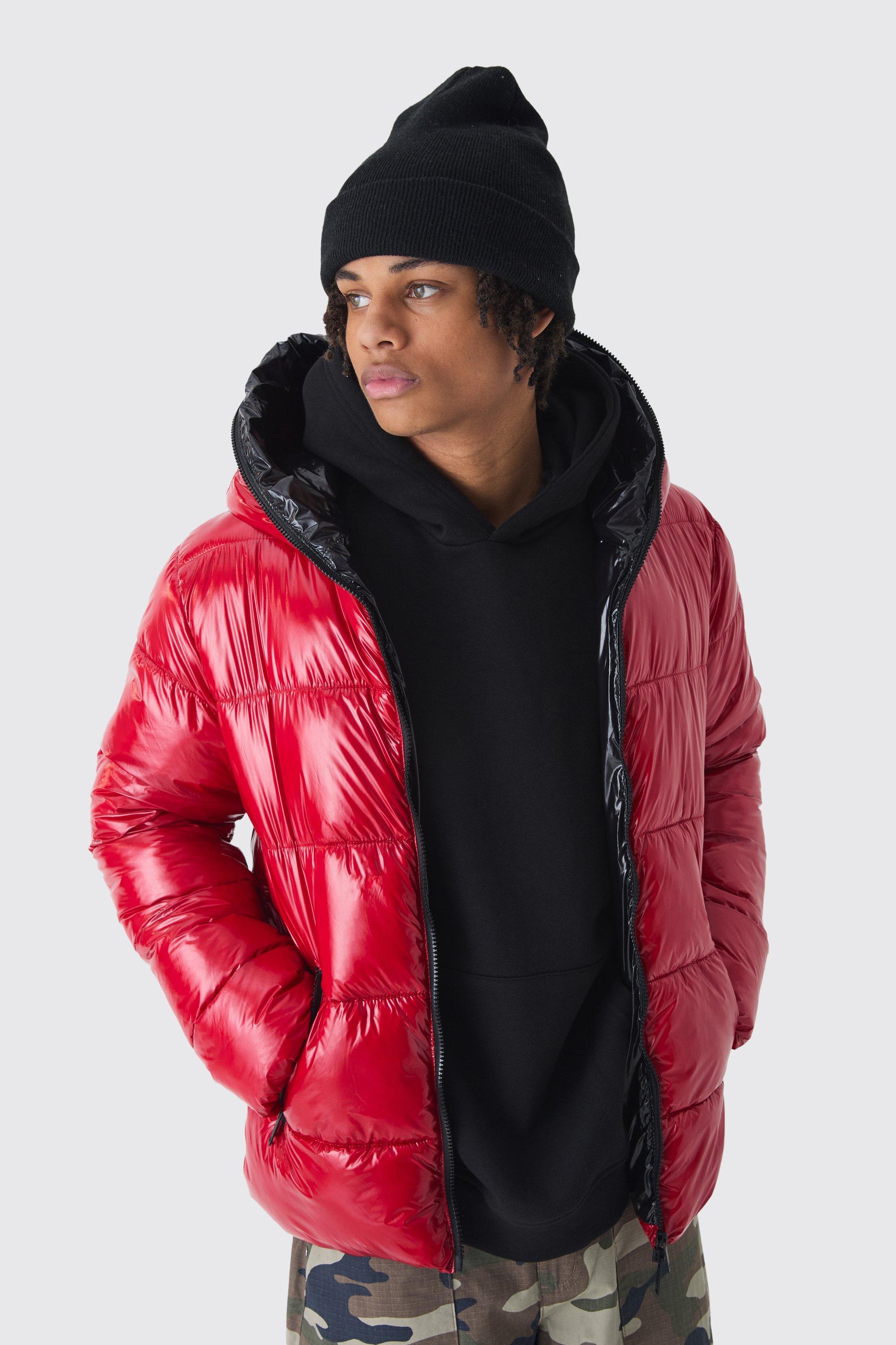 Mens Zip Hood Vinyl Hi Shine Puffer Jacket In Red, Red