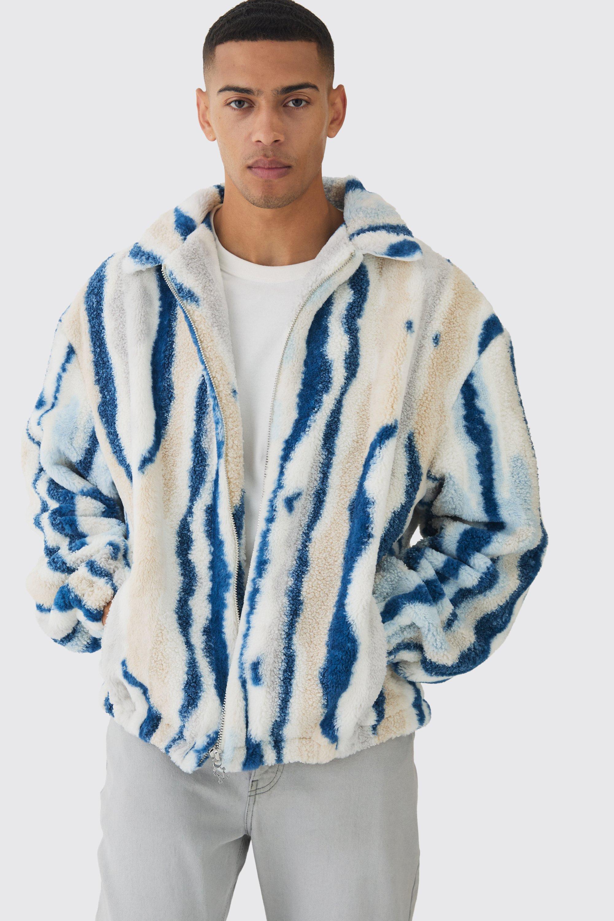 Mens Oversized Borg Striped Zip Through Jacket In Blue, Blue