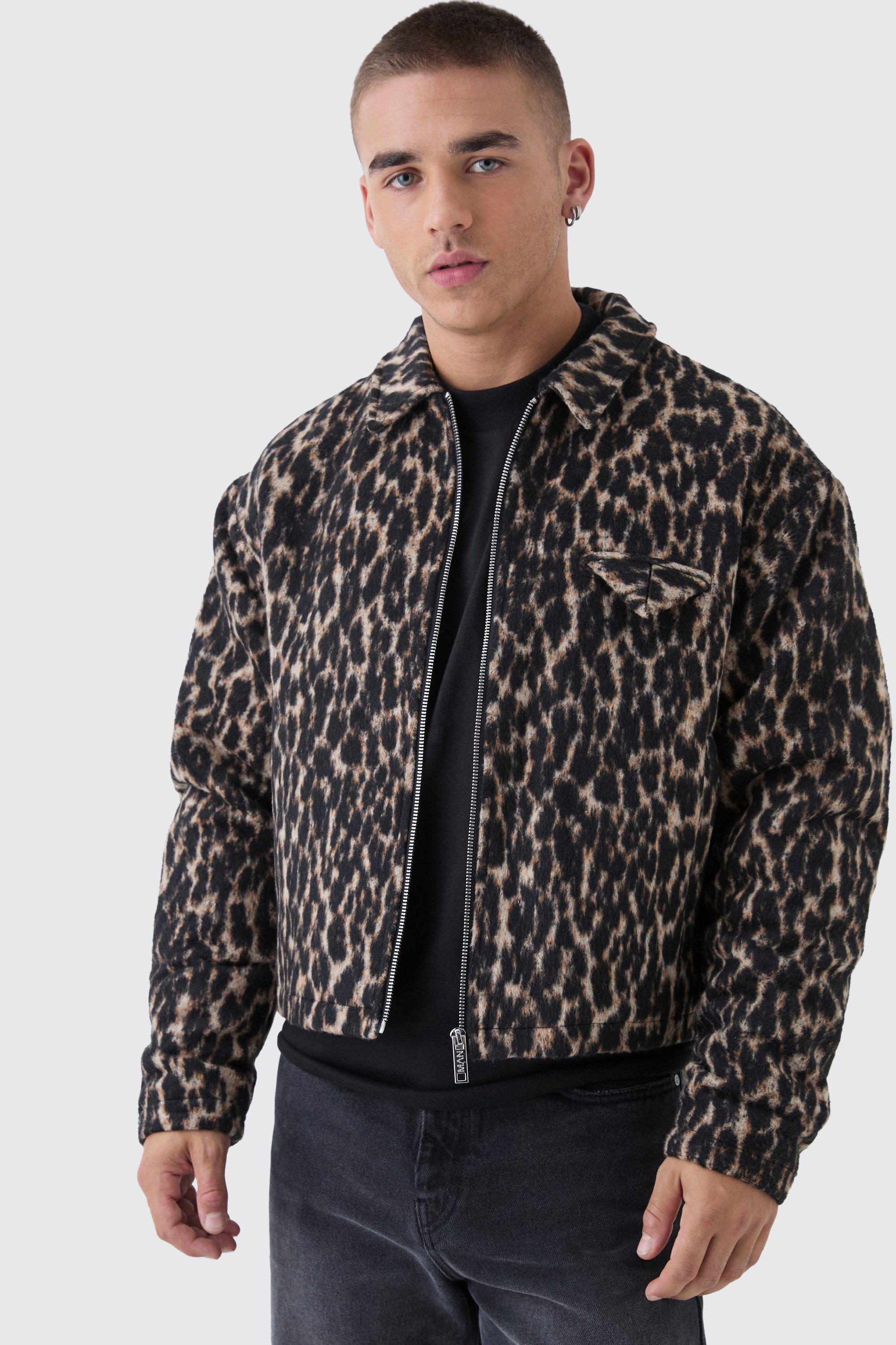 Giacca Harrington squadrata nera leopardata, Nero