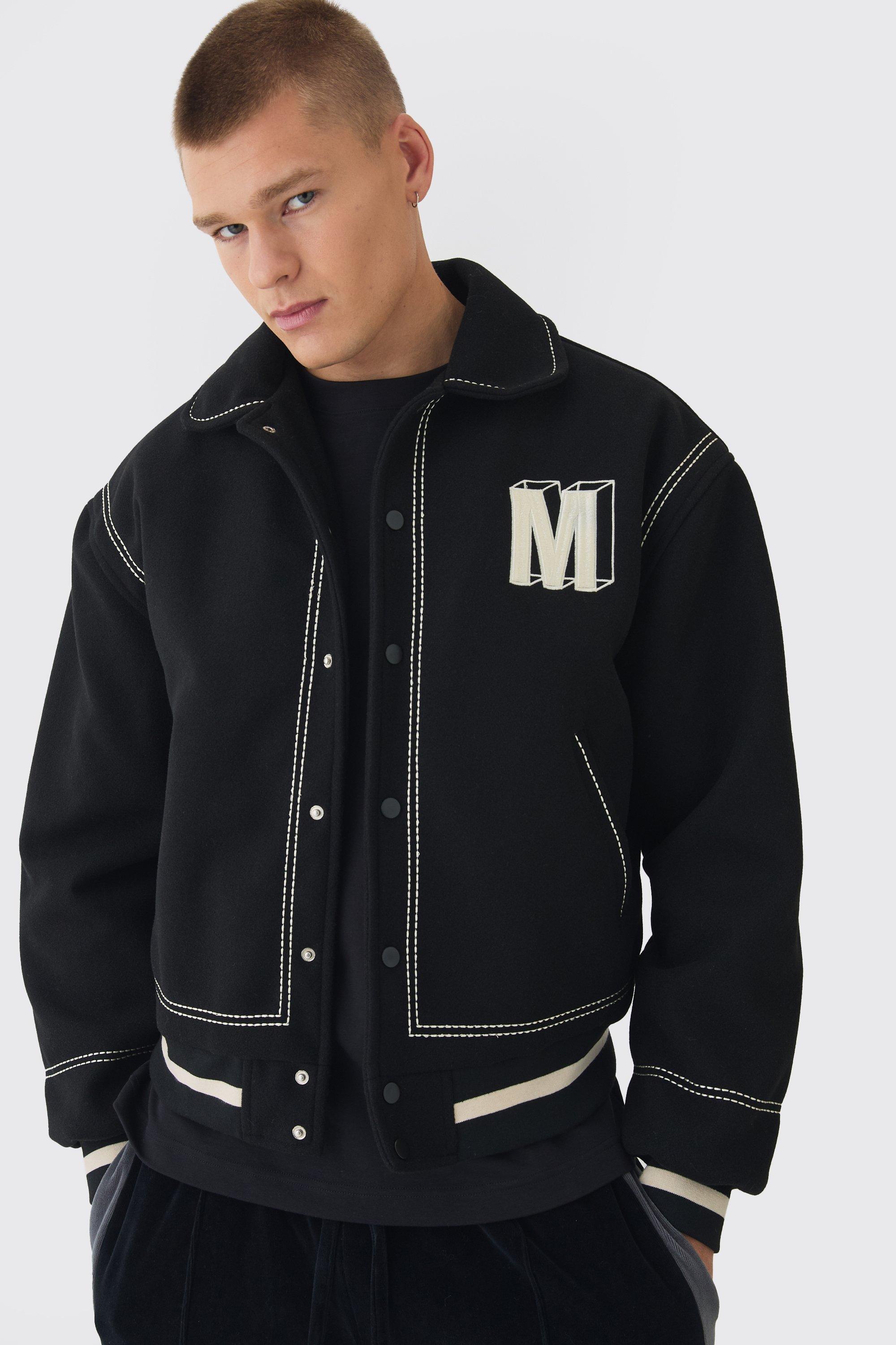 Mens Boxy Stitch Detail Melton Varsity Jacket In Black, Black