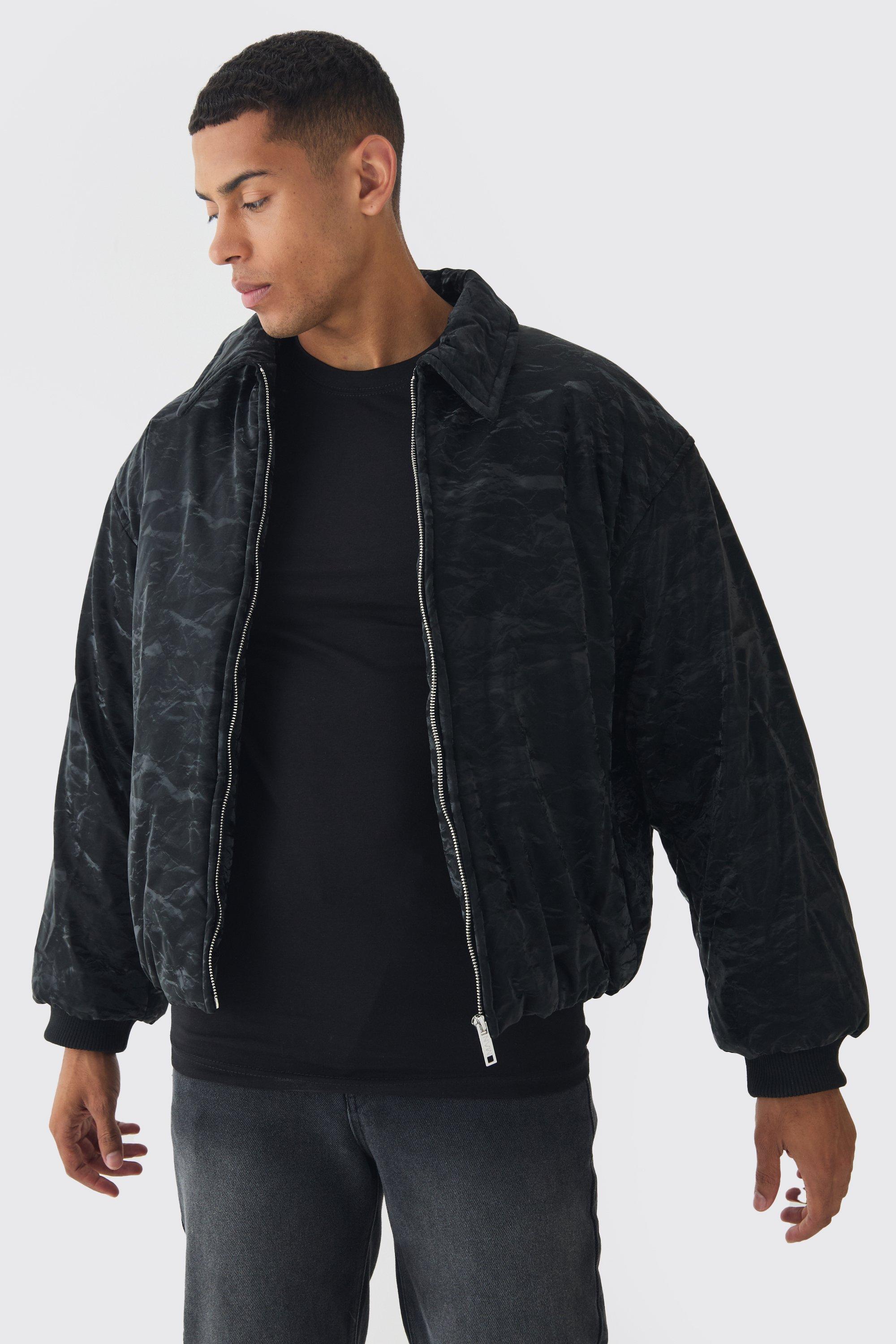 Mens Liquid Satin Pu Padded Collared Bomber Jacket In Black, Black