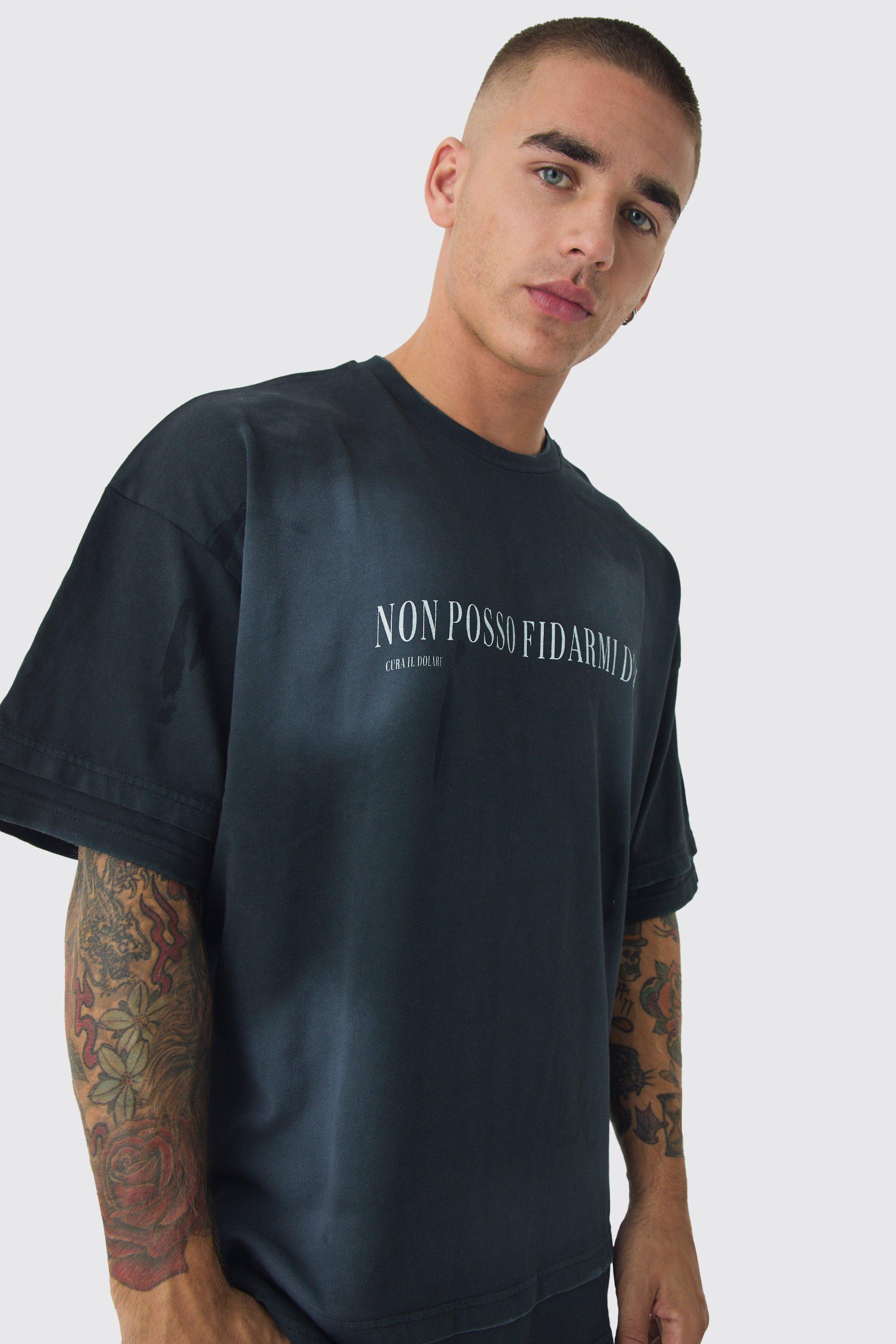 T-shirt Premium slavata oversize con finto doppio livello e cuciture, Nero