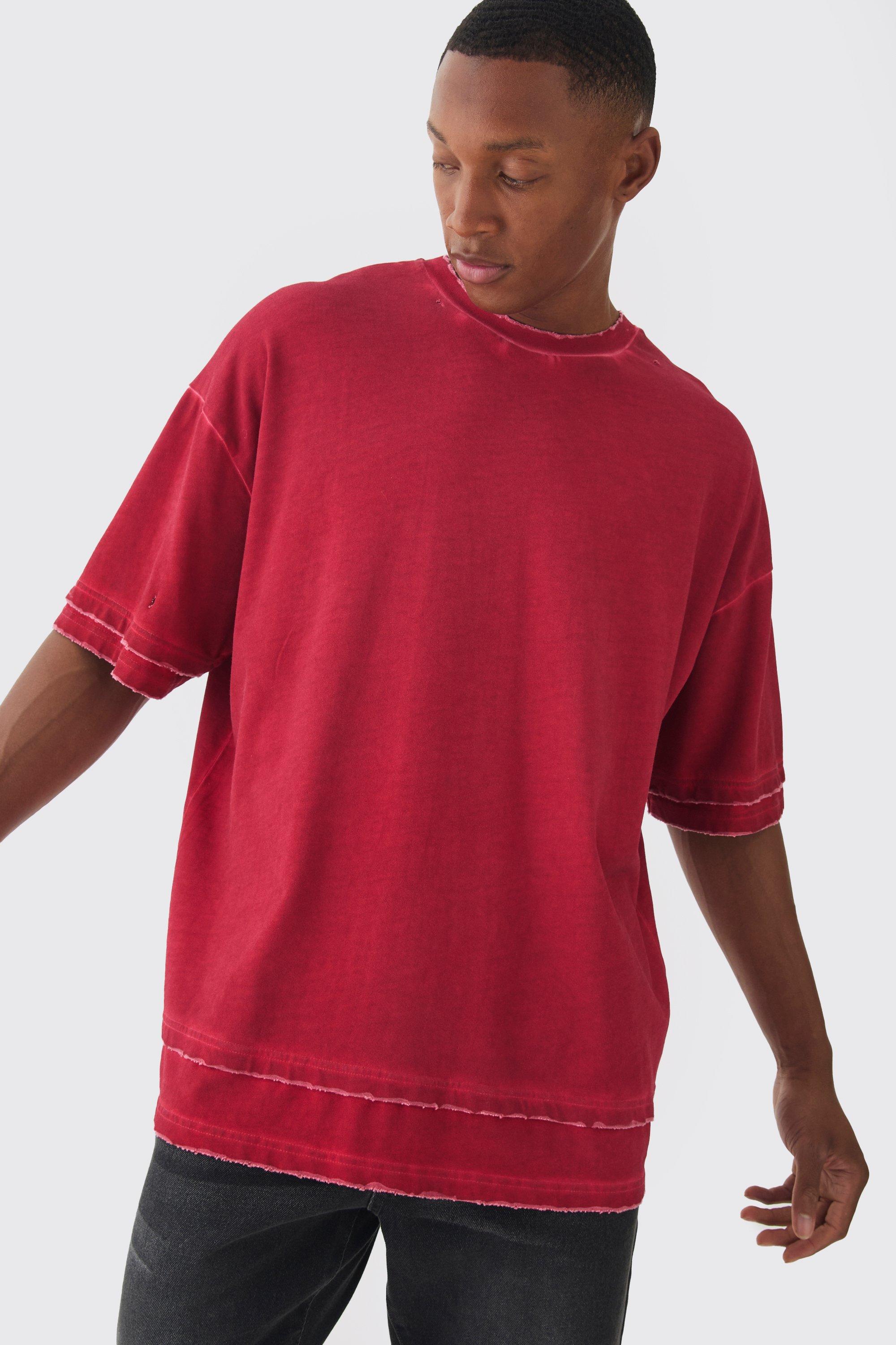 Mens Red Premium Oversized Faux Layer Top Stitch Washed T-shirt, Red