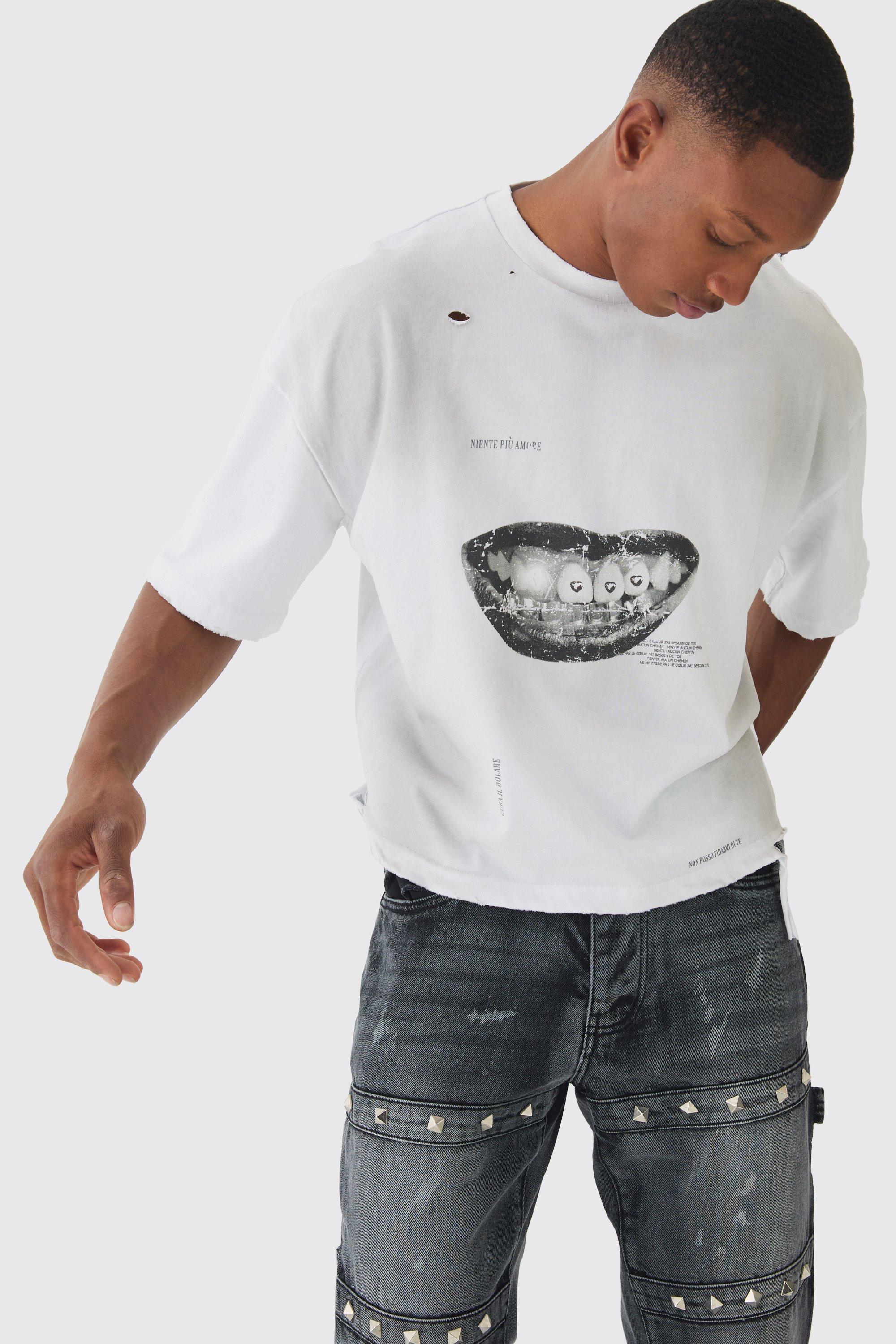 Mens White Premium Oversized Boxy Washed & Printed T-shirt, White