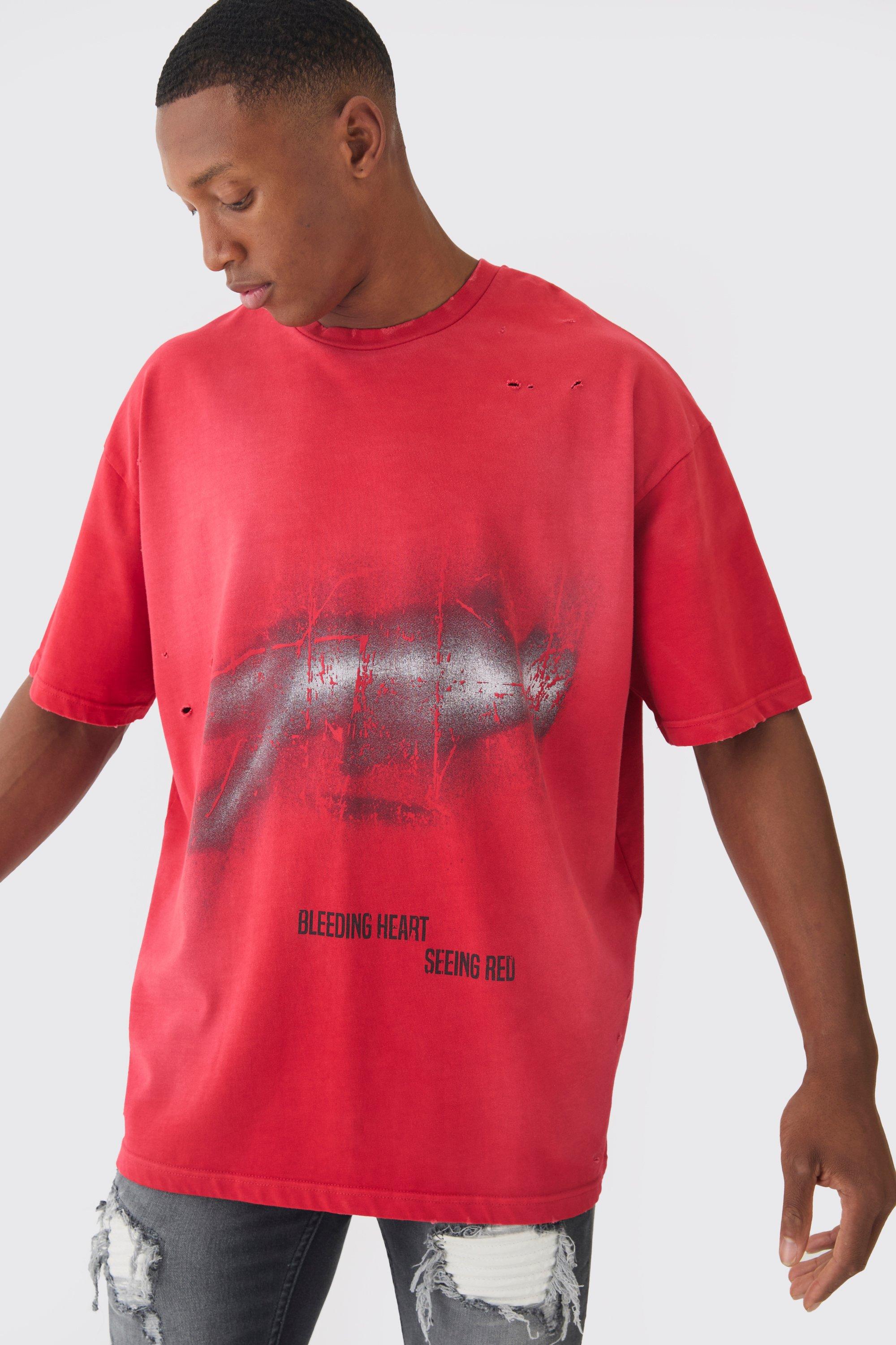 Mens Red Premium Oversized Washed & Printed T-shirt, Red