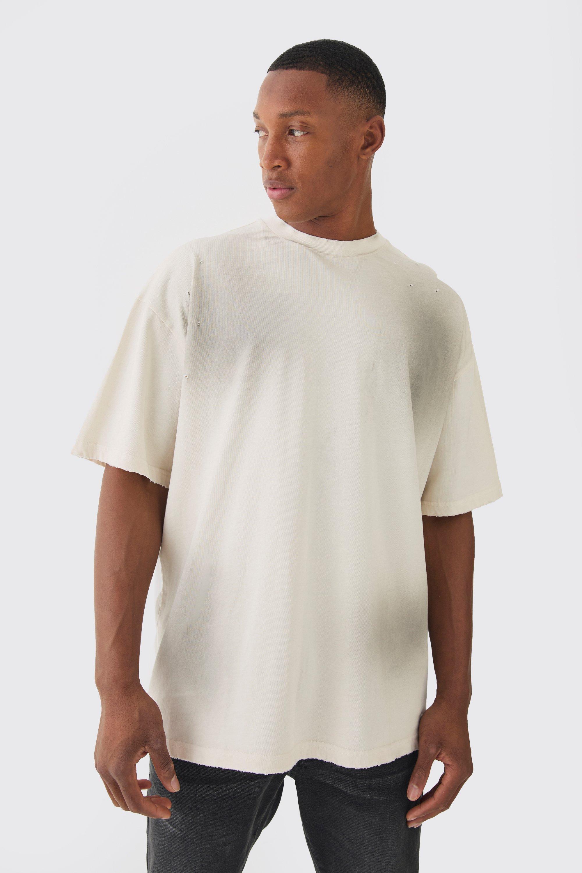 Mens Beige Premium Oversized Top Stitched & Washed T-shirt, Beige