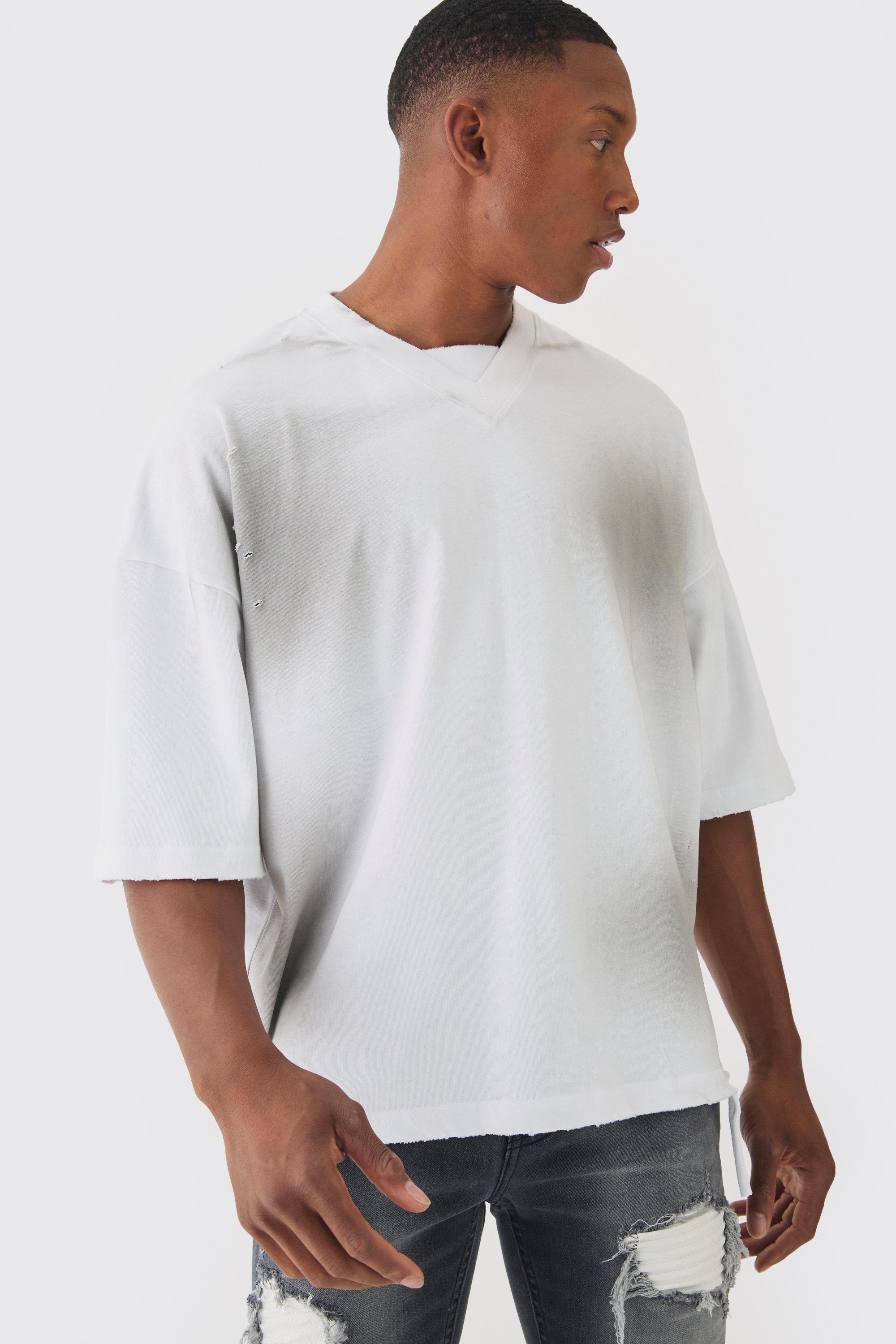 Mens White Premium Oversized V Neck Dropped Shoulder Top Stitched, Washed T-shirt, White