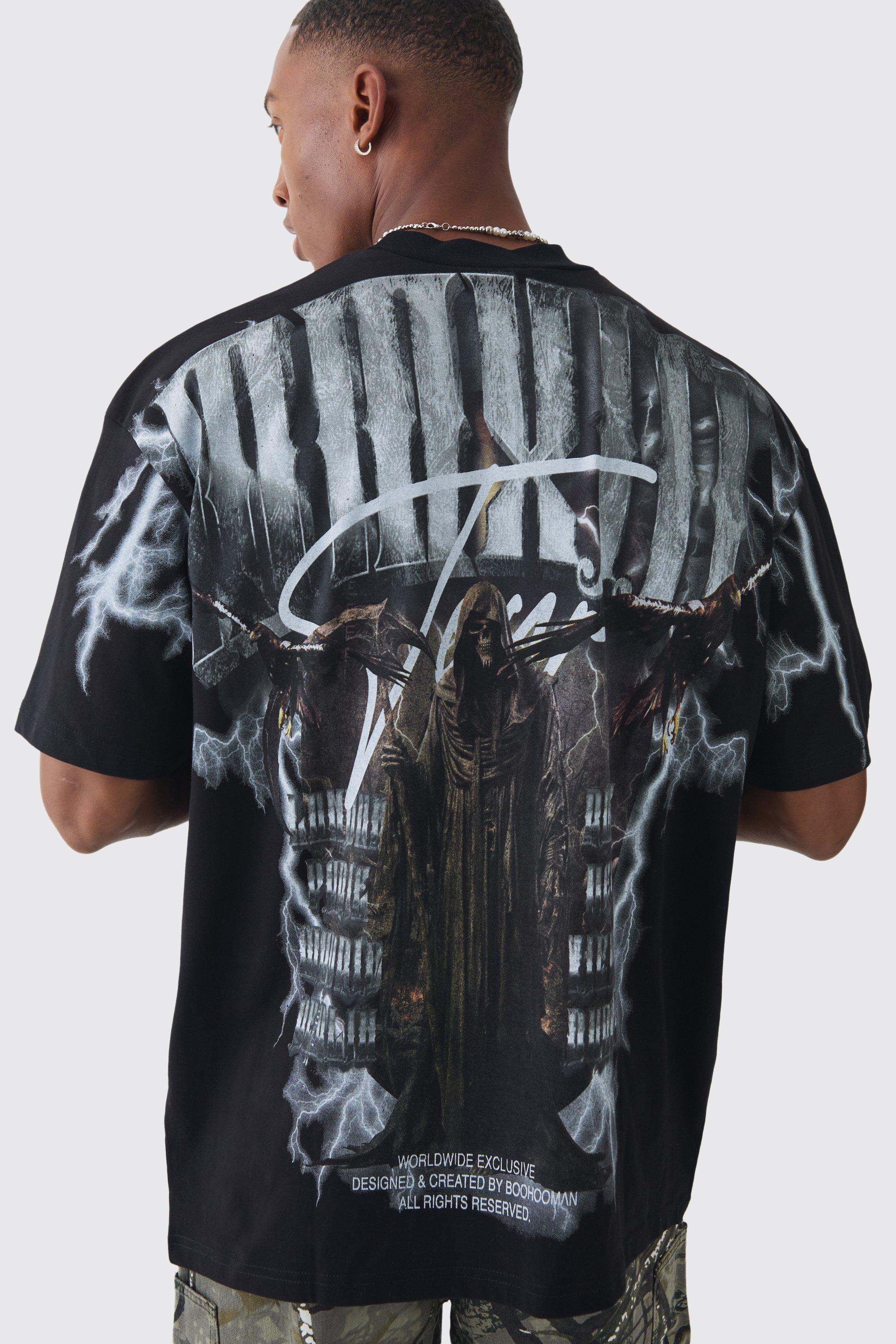 Mens Black Oversized Extended Neck Extreme Gothic Back Graphic T-shirt, Black