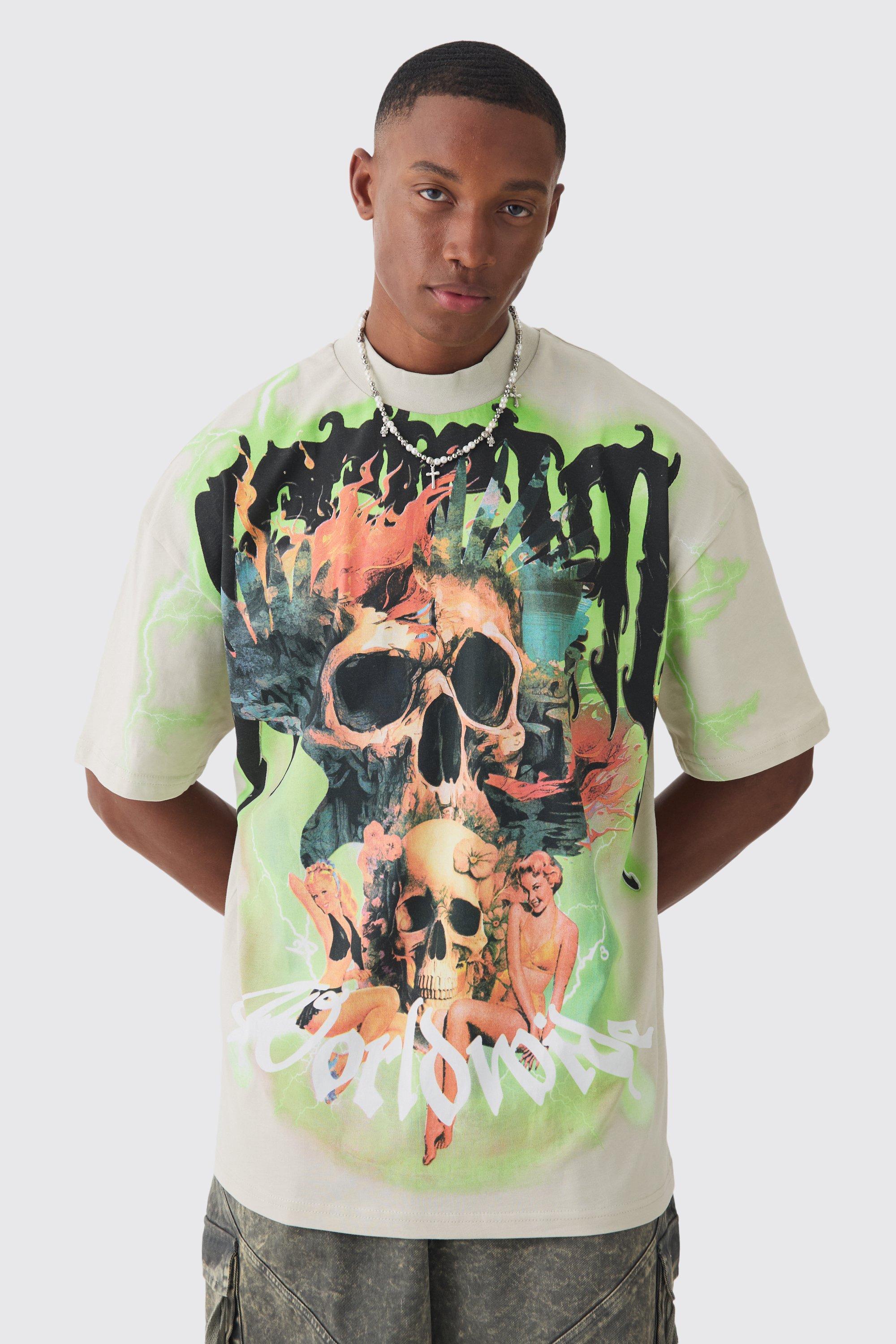 Mens Beige Oversized Extended Neck Extreme Skull Graphic T-shirt, Beige