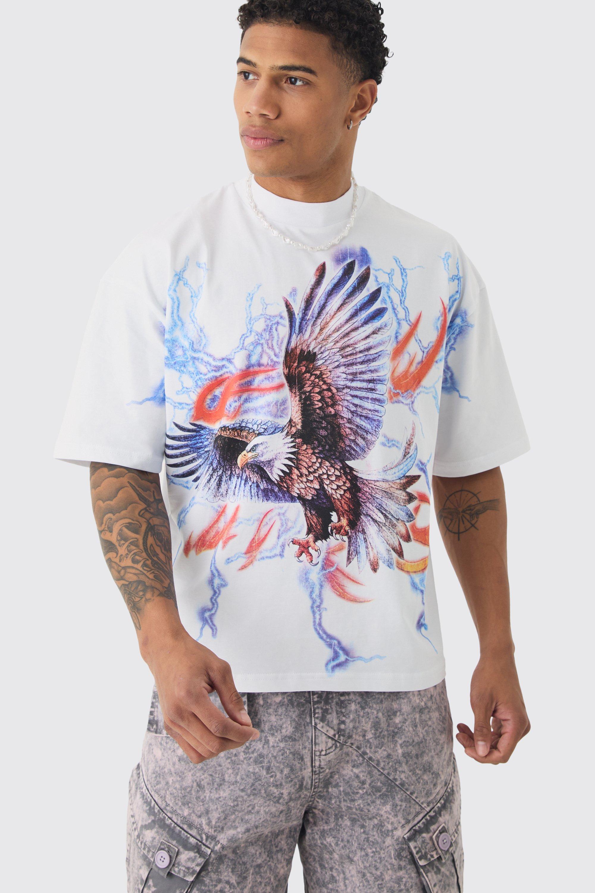 Mens White Oversized Boxy Extended Neck Extreme Lightning Eagle T-shirt, White