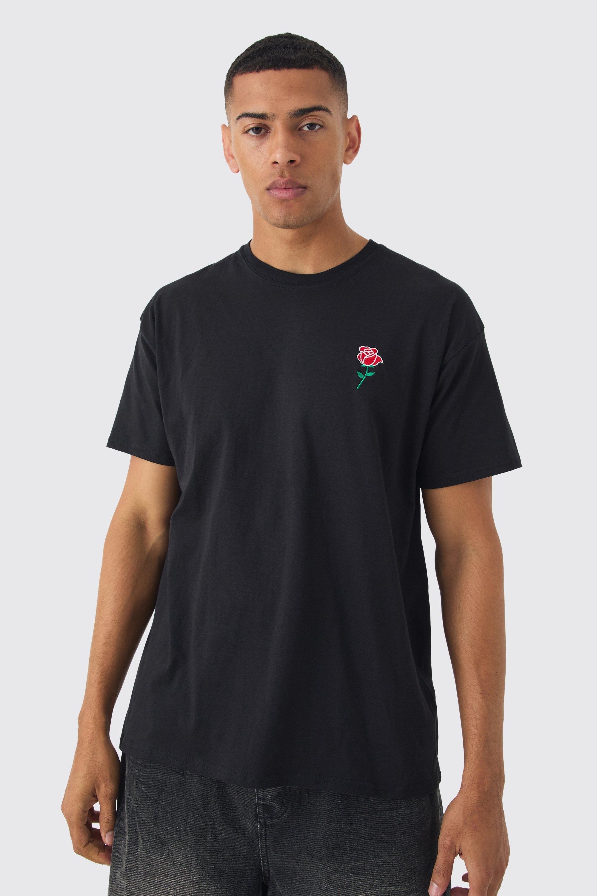 Mens Black Oversized Rose Embroidered T-shirt, Black