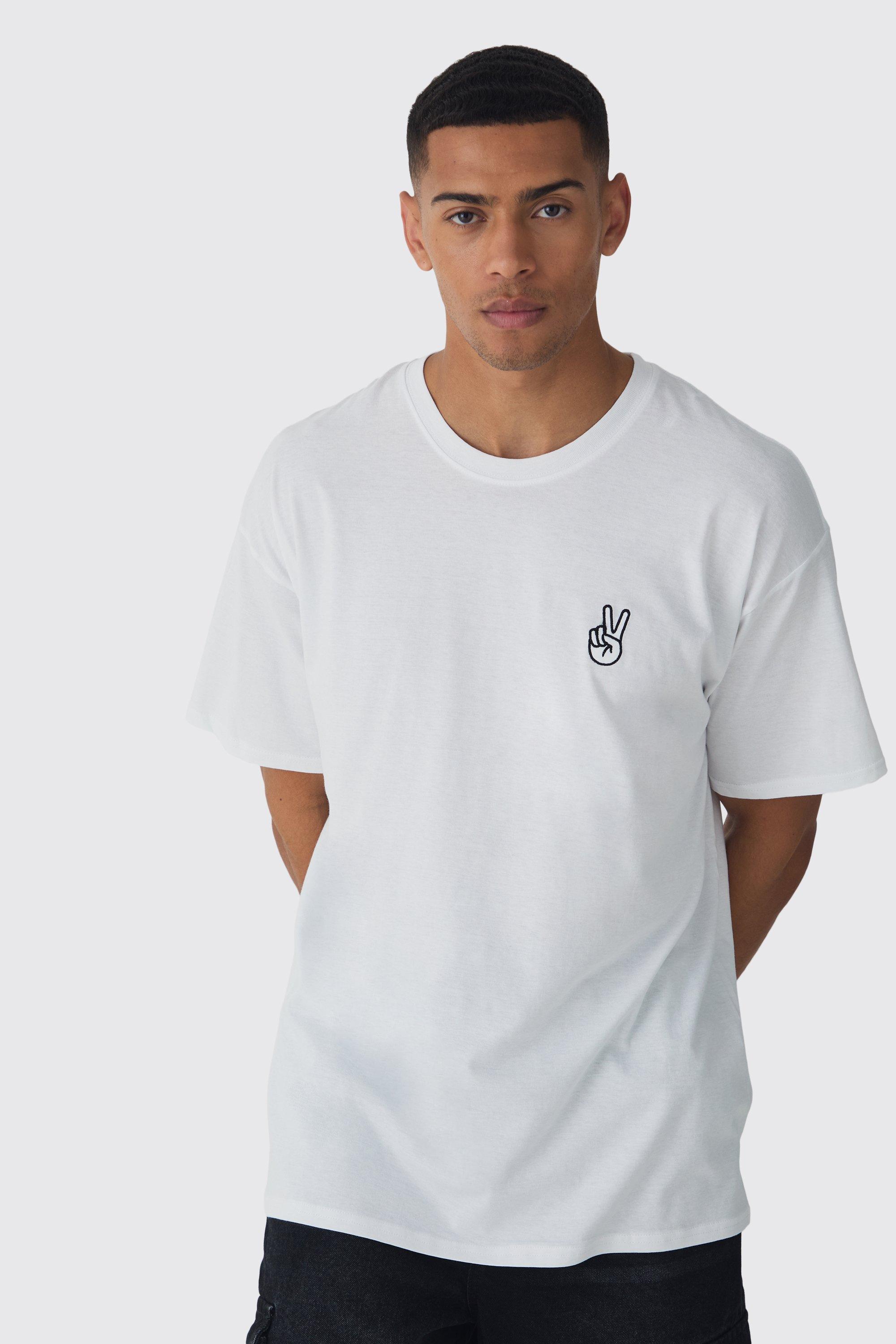 Mens White Oversized Peace Embroidered T-shirt, White