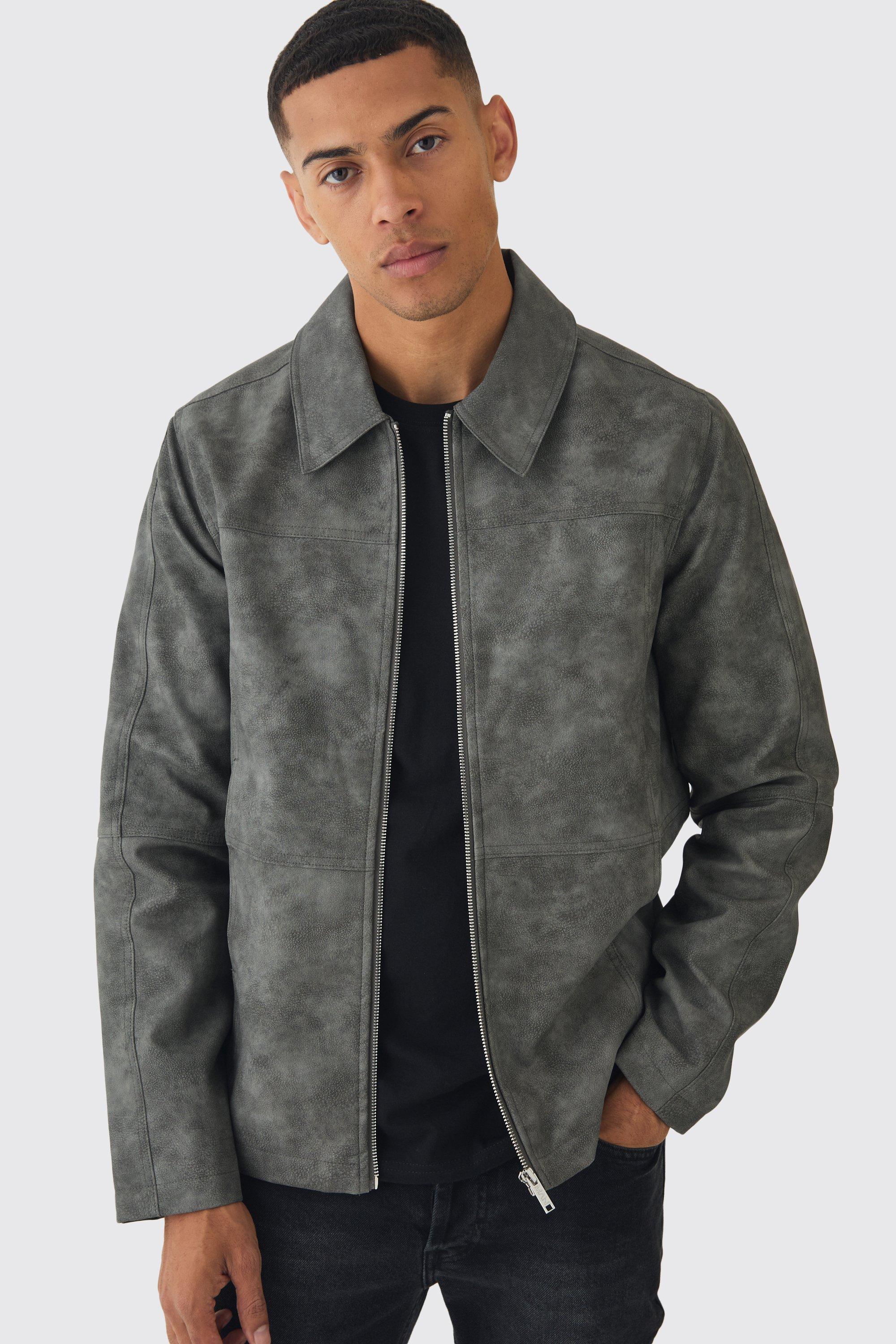 Mens Washed Pu Zip Through Harrington Jacket In Grey, Grey