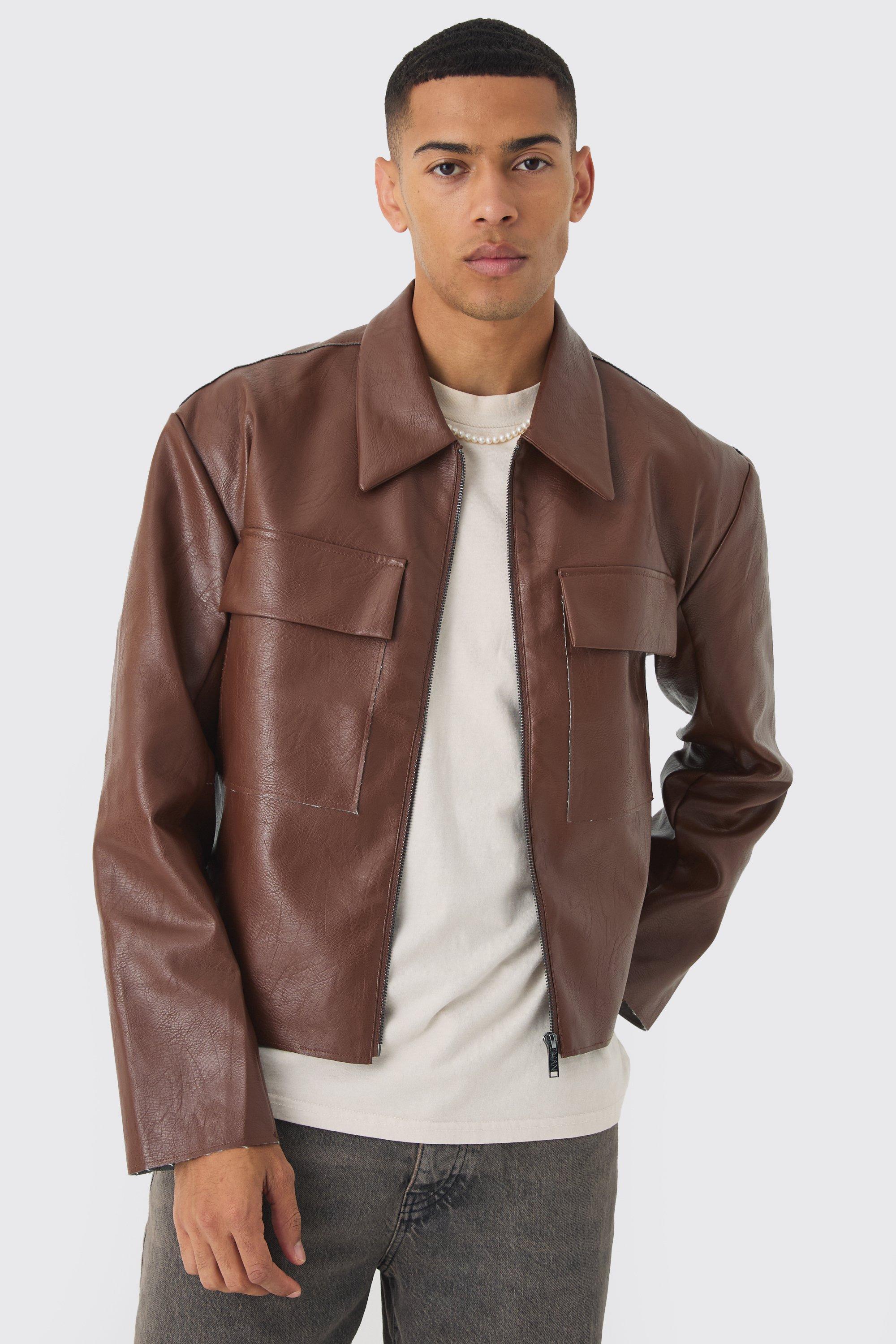 Giacca Harrington squadrata in PU con colletto e bordi a taglio vivo in marrone, Brown