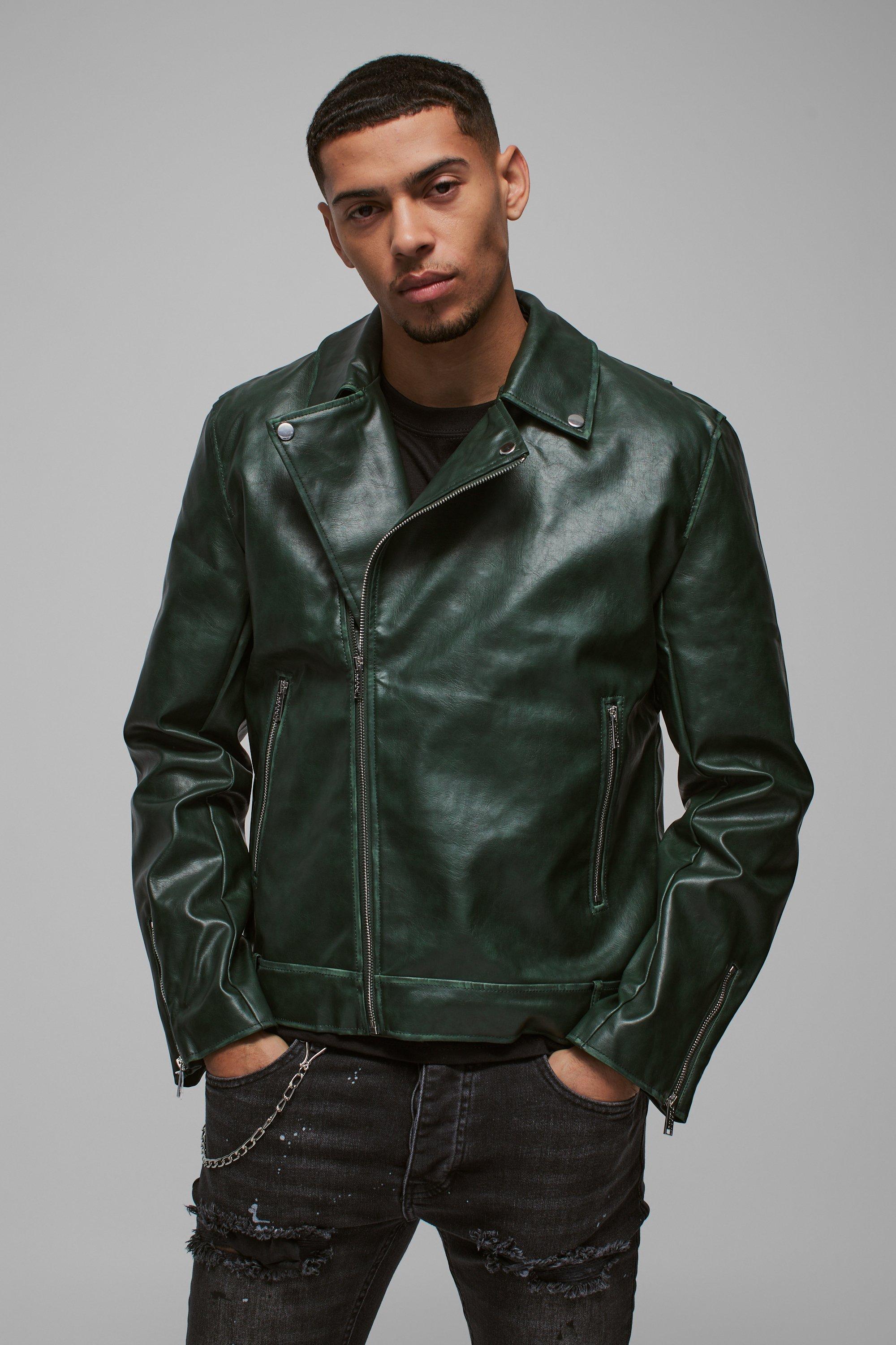 Giacca stile Biker in PU slavato in verde, Verde