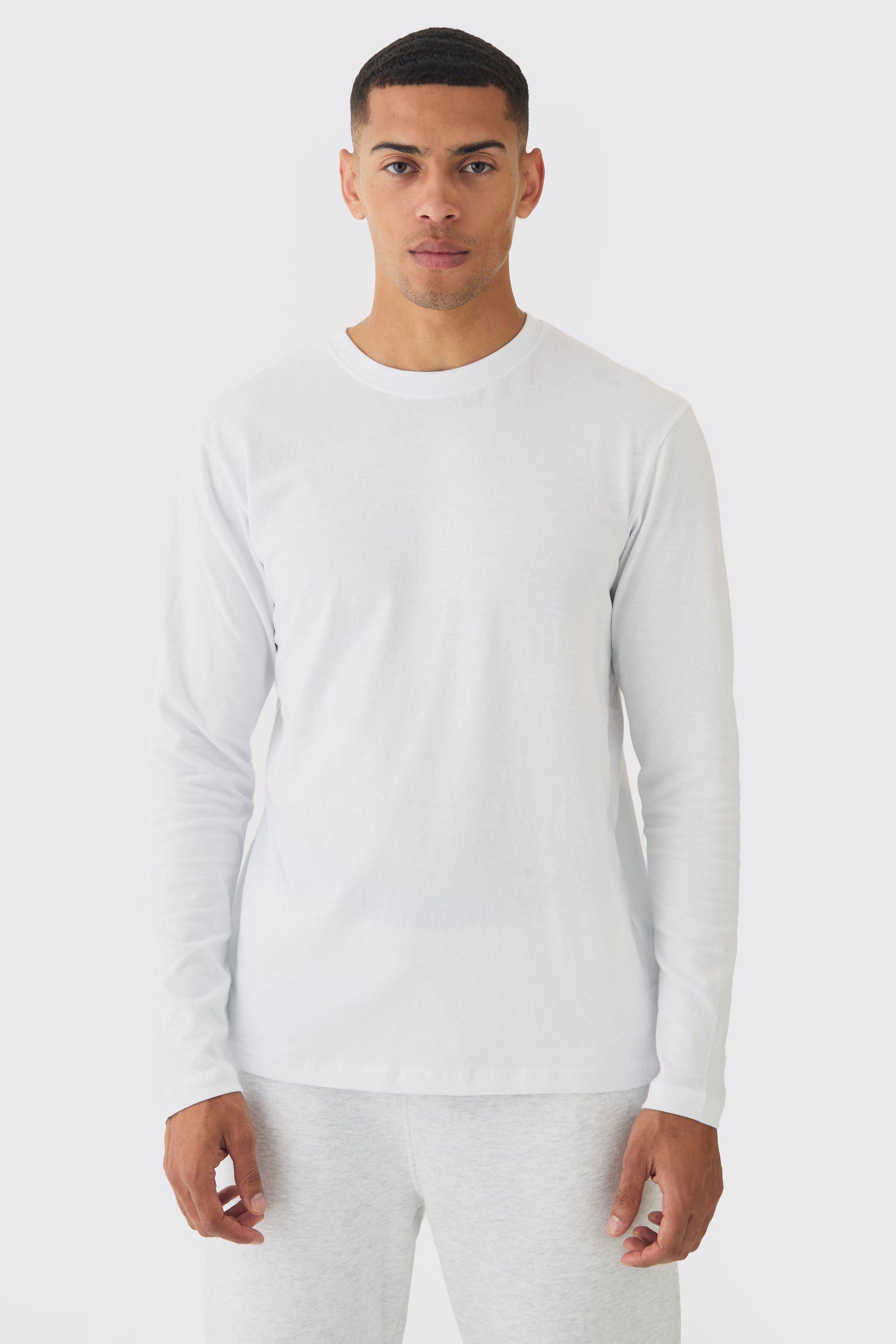 Mens White Basic Long Sleeve Crew Neck T Shirt, White