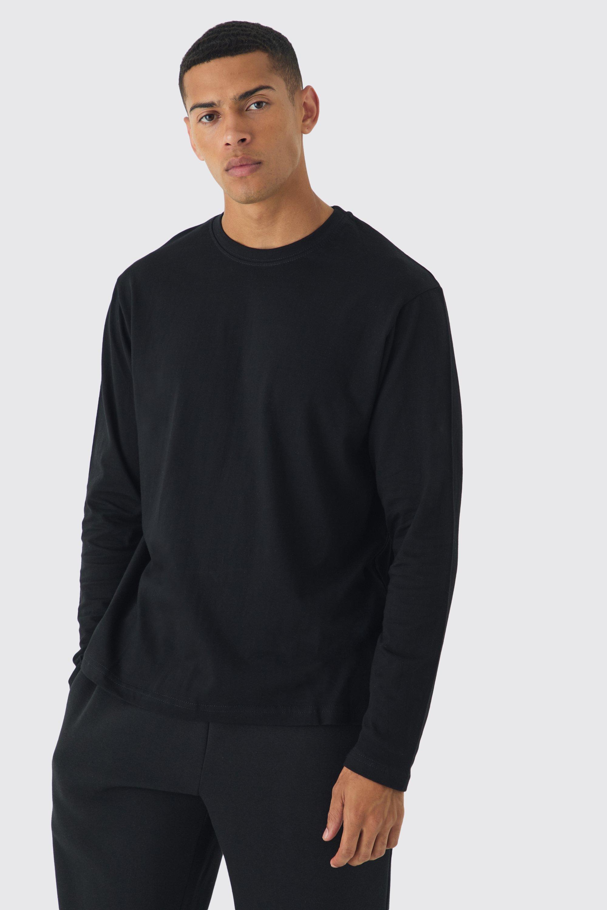 Mens Black Long Sleeve Crew Neck T-shirt, Black