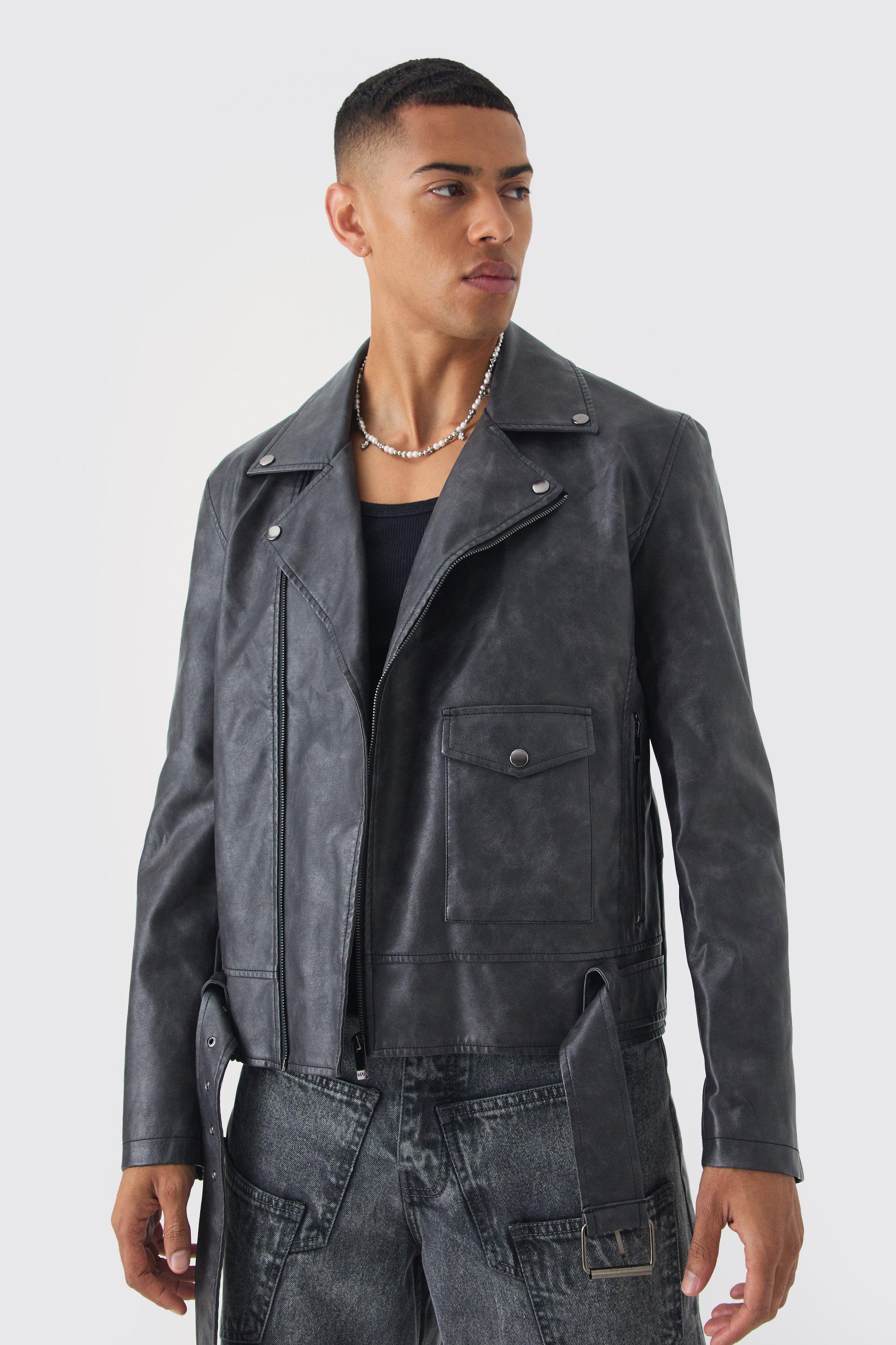 Mens Grey Washed PU Biker Jacket In Slate, Grey