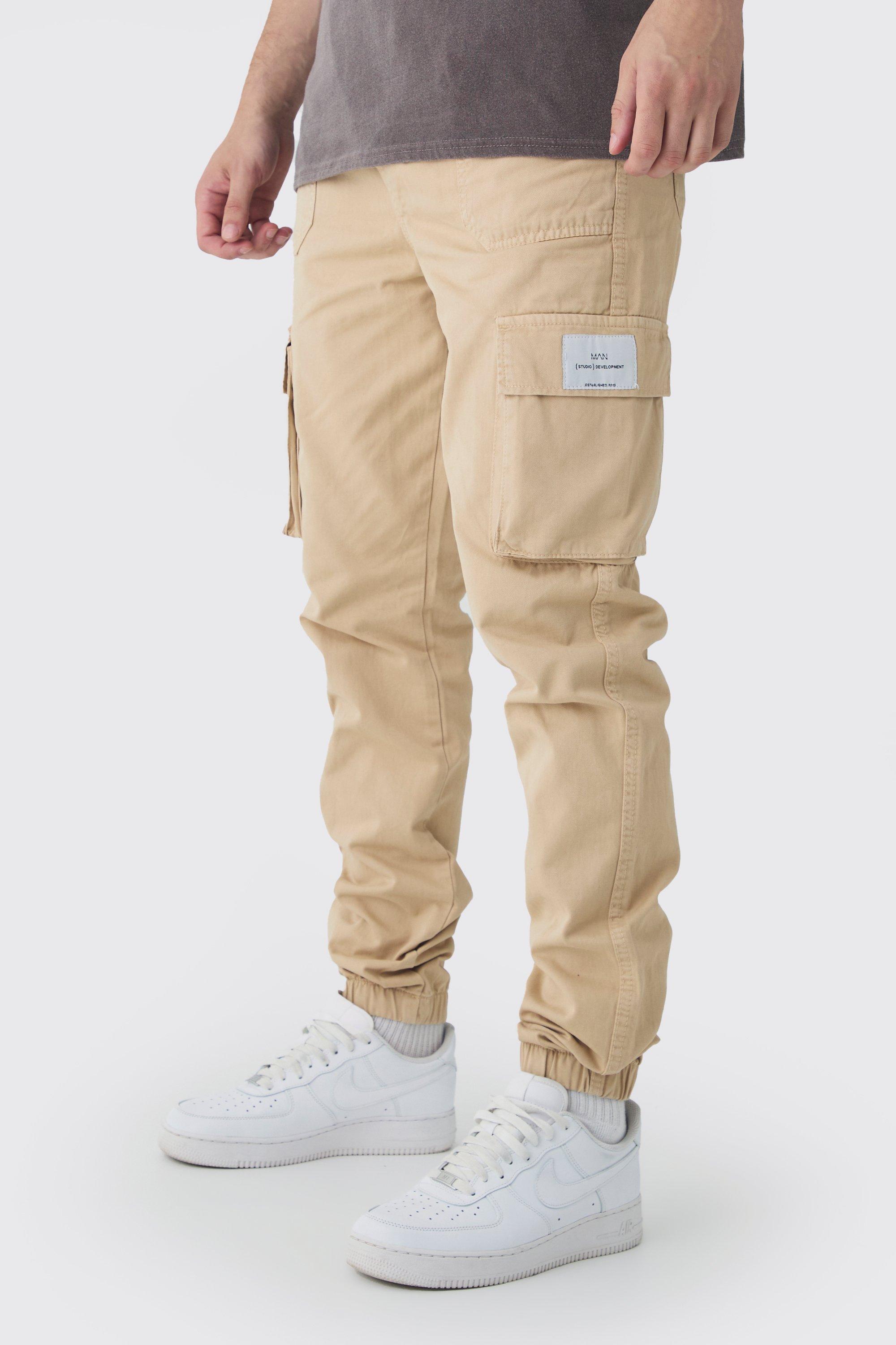 Mens Beige Tall Elasticated Waist Branded Slim Fit Cargo Jogger, Beige