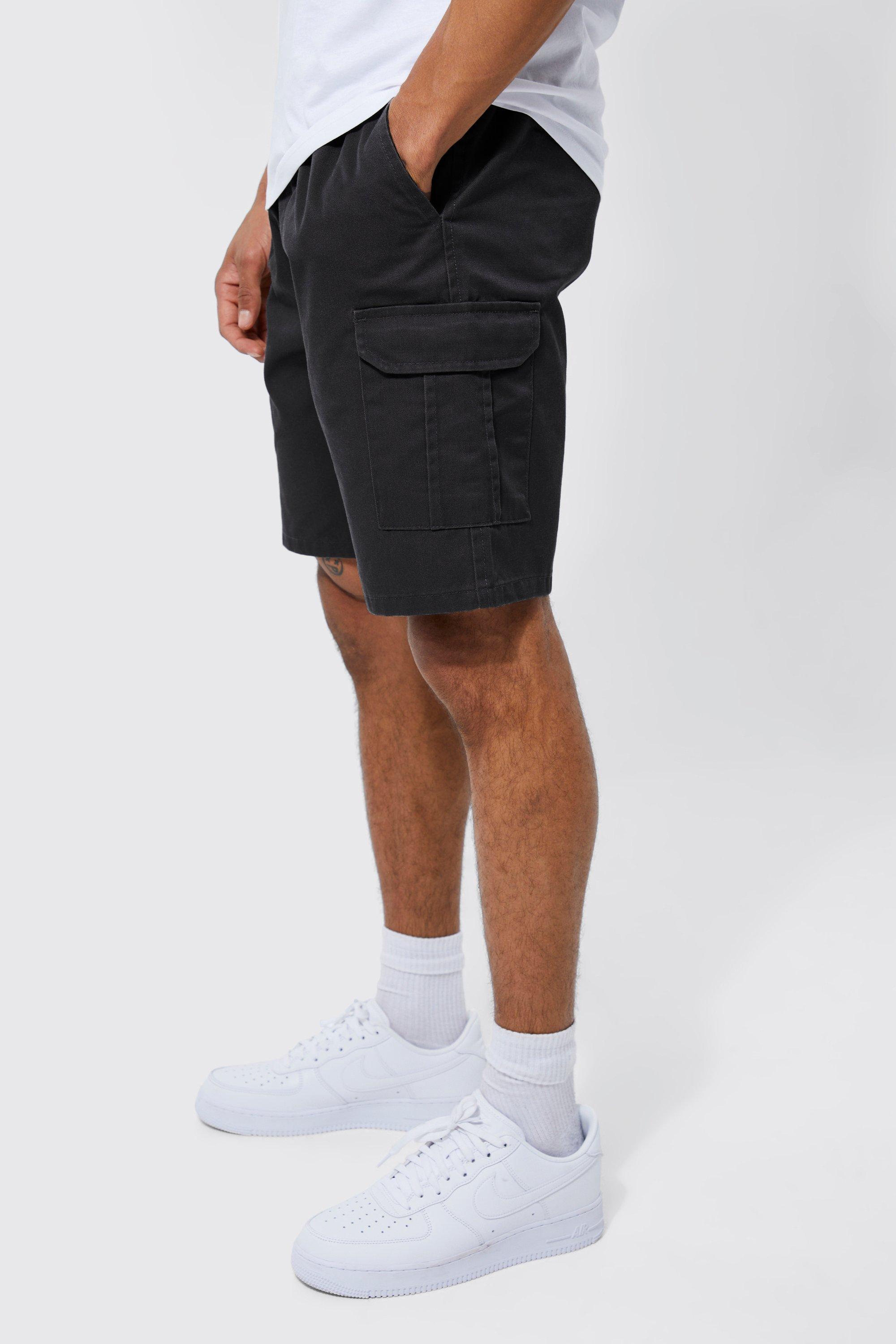 Mens Black Relaxed Elasticated Waist Cargo Short, Black