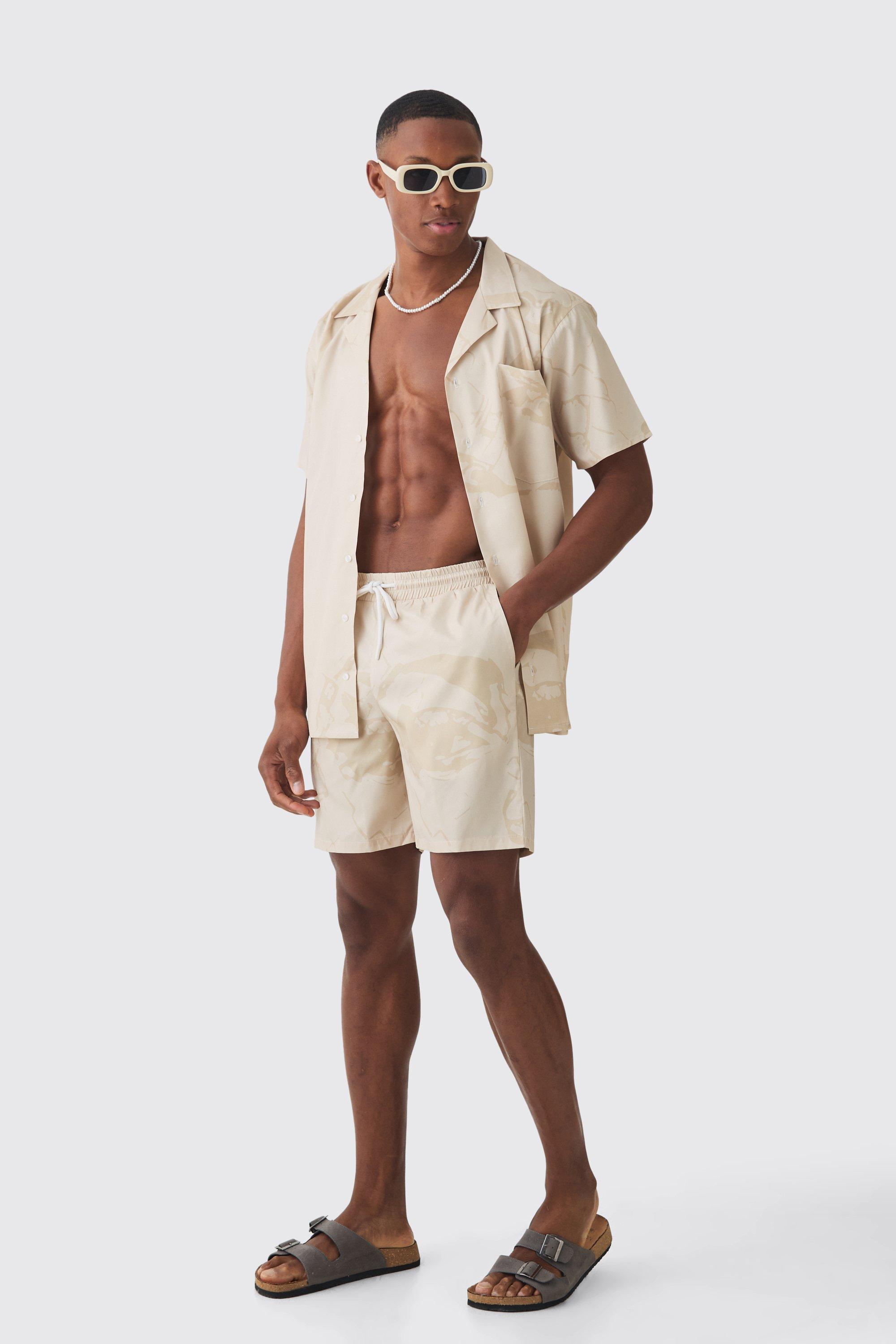 Mens Beige Face Graphic Shirt & Swim Short Set, Beige