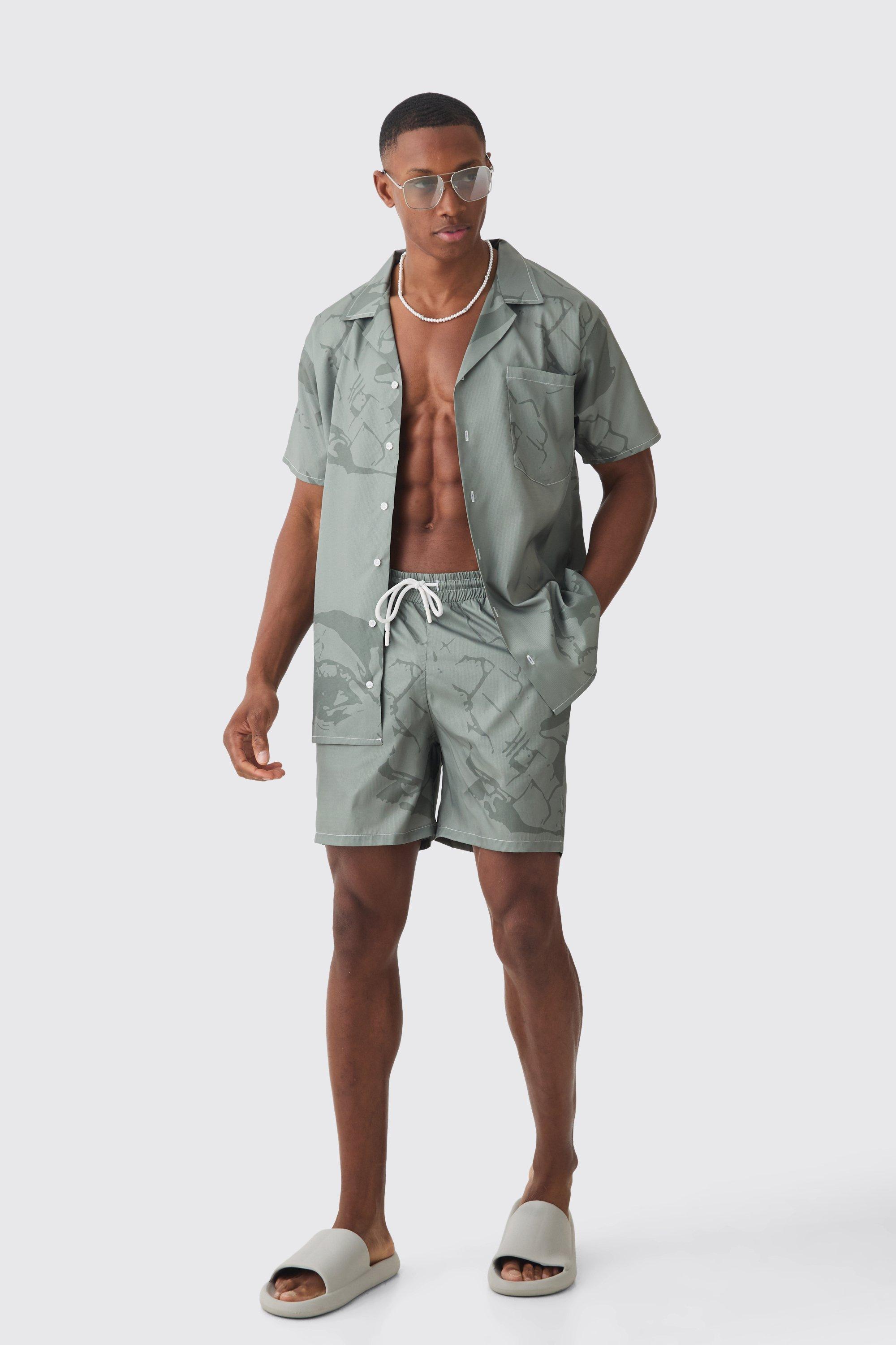 Mens Green Face Graphic Shirt & Swim Short Set, Green