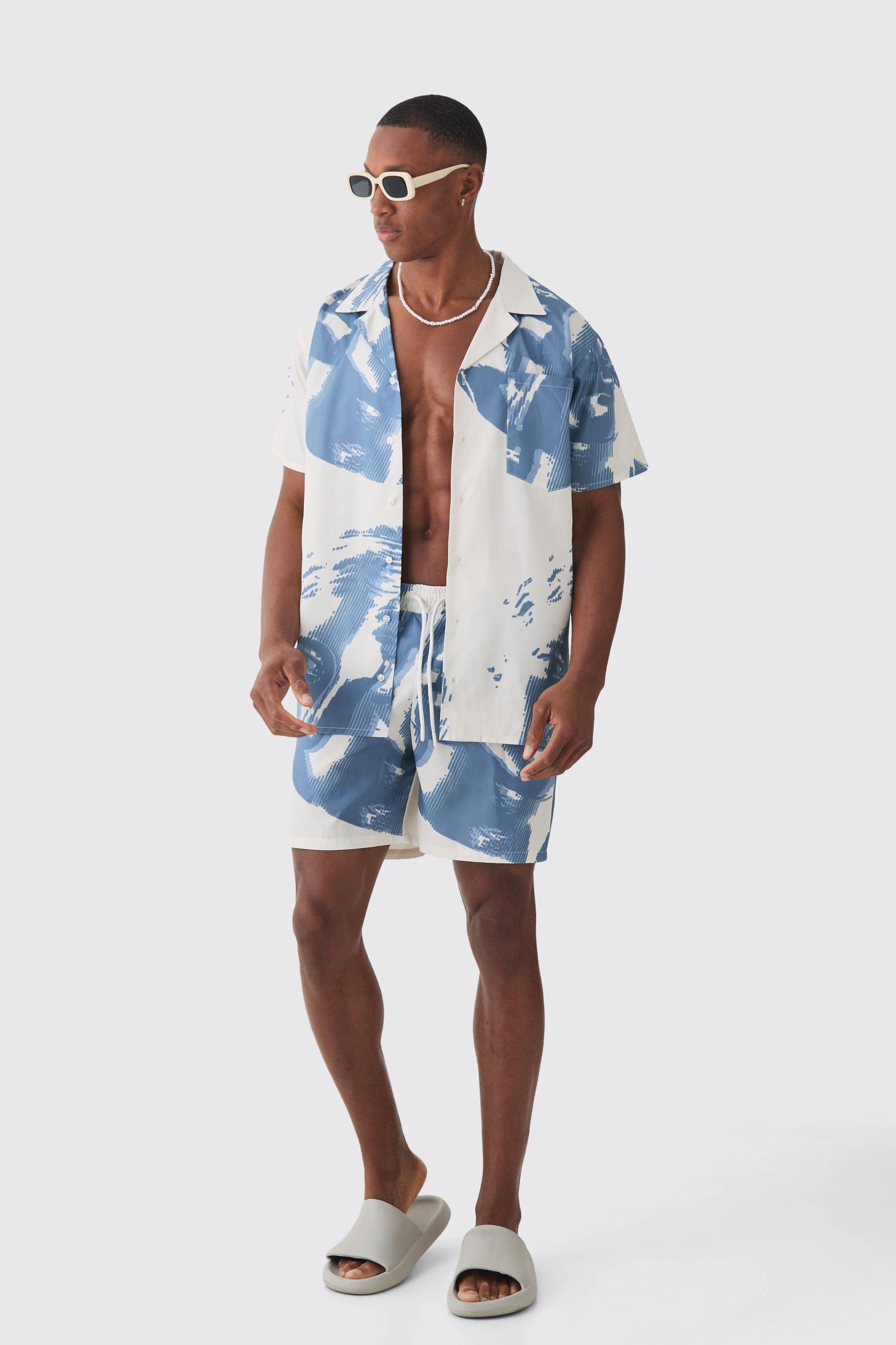 Mens Cream Face Graphic Shirt & Swim Short Set, Cream