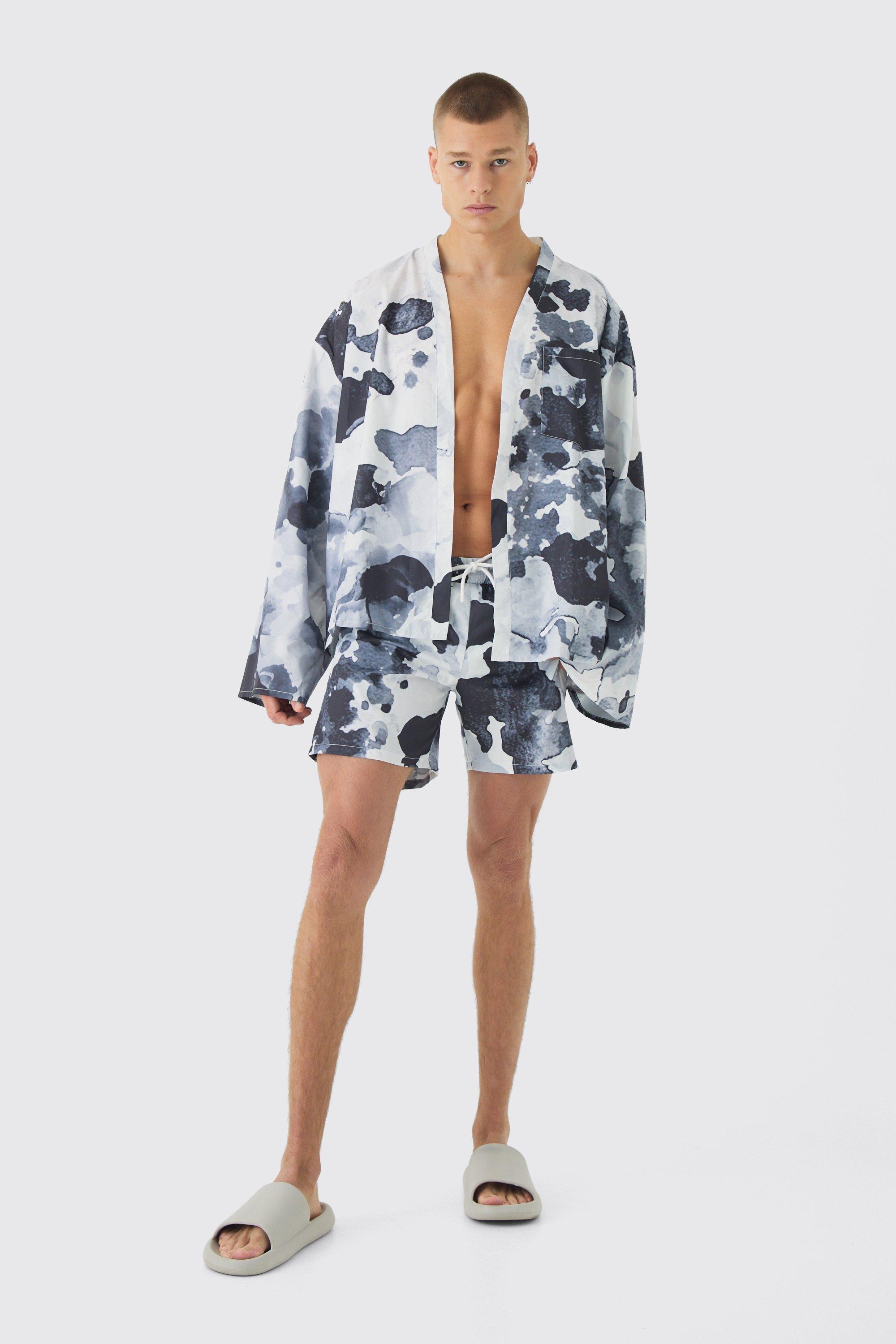 Abstract Print Kimono Shirt & Swim Short Set, Nero