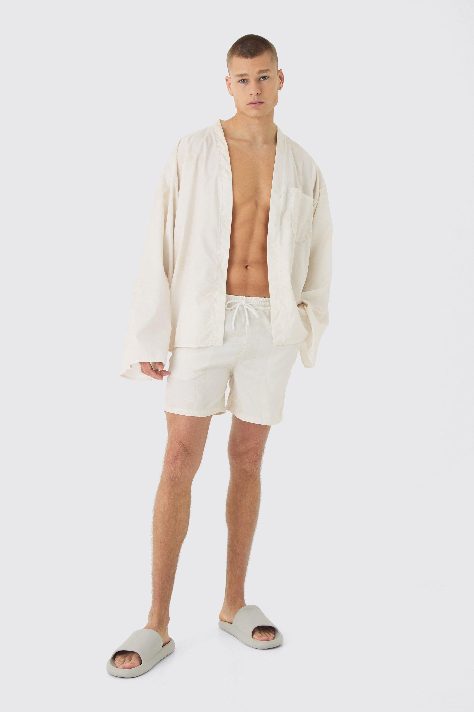 Mens Cream Gothic Print Kimono Shirt & Swim Short Set, Cream