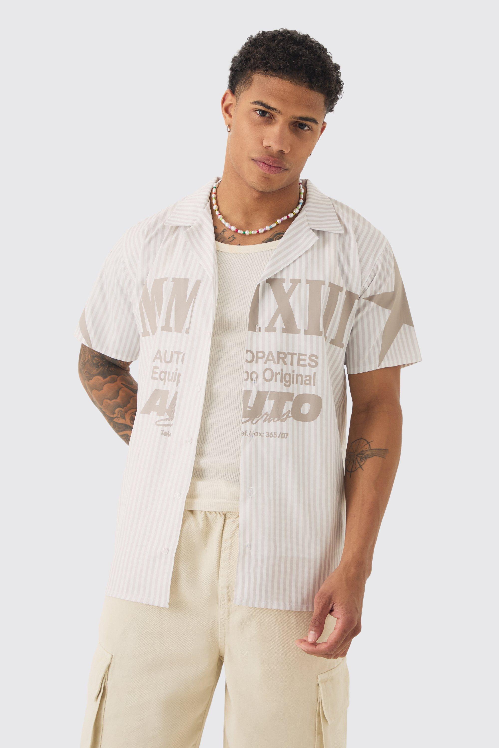 Mens Cream Regular Collared Stripe Graphic Shirt, Cream