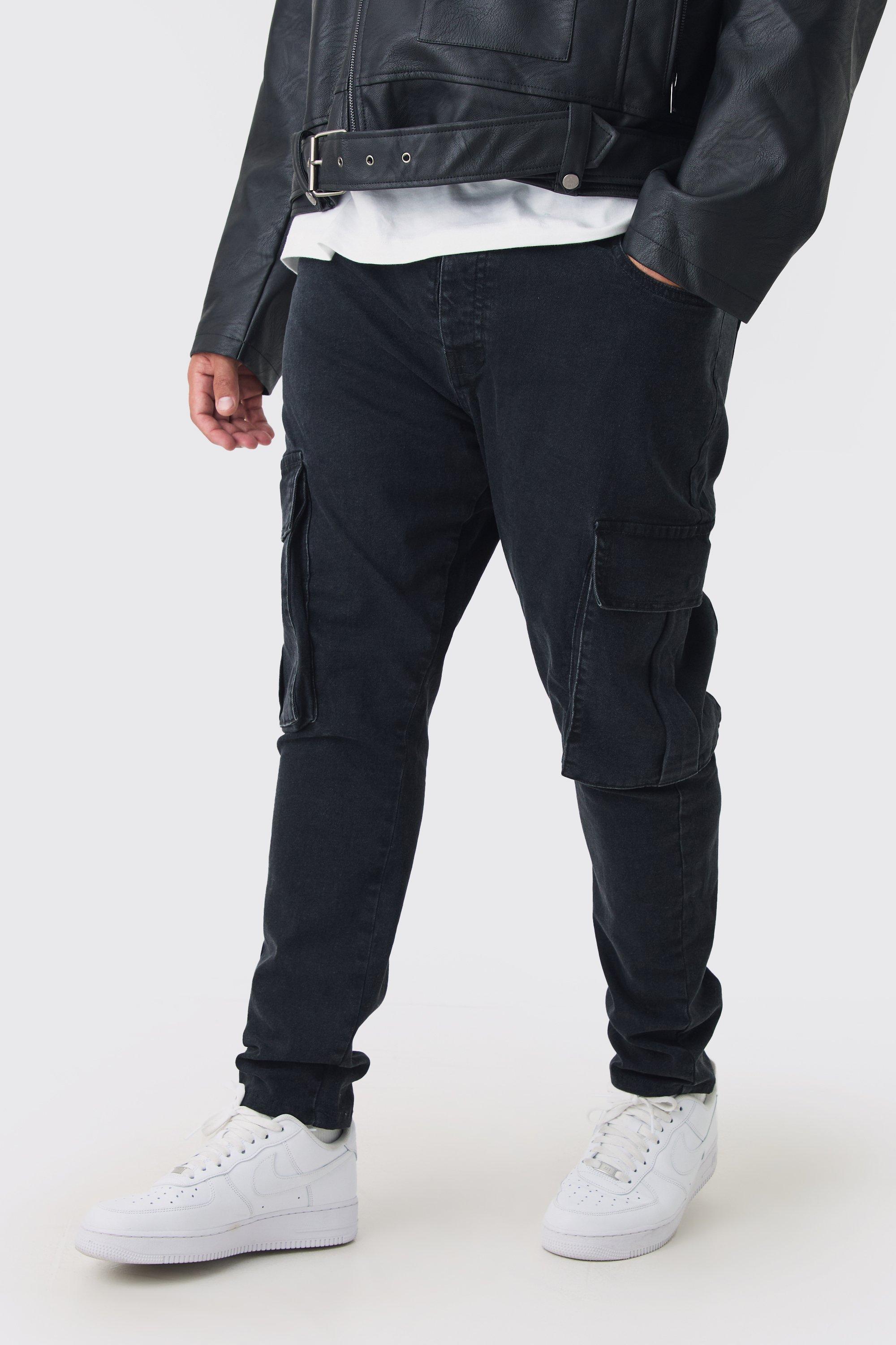 Mens Black Plus Stretch Skinny Fit Cargo Jeans, Black