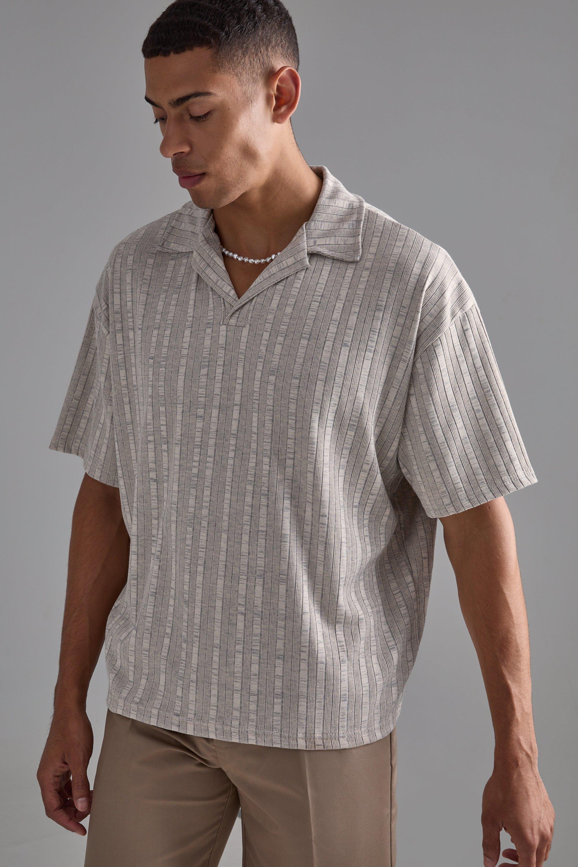 Mens Beige Oversized Boxy Revere Marl Stripe Polo, Beige