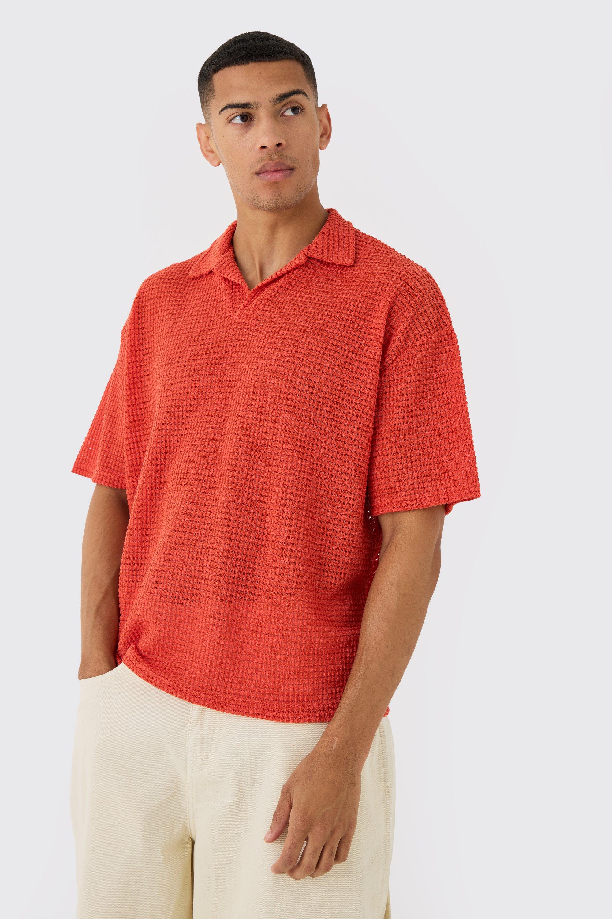 Mens Orange Oversized Boxy Textured Short Sleeve Polo, Orange