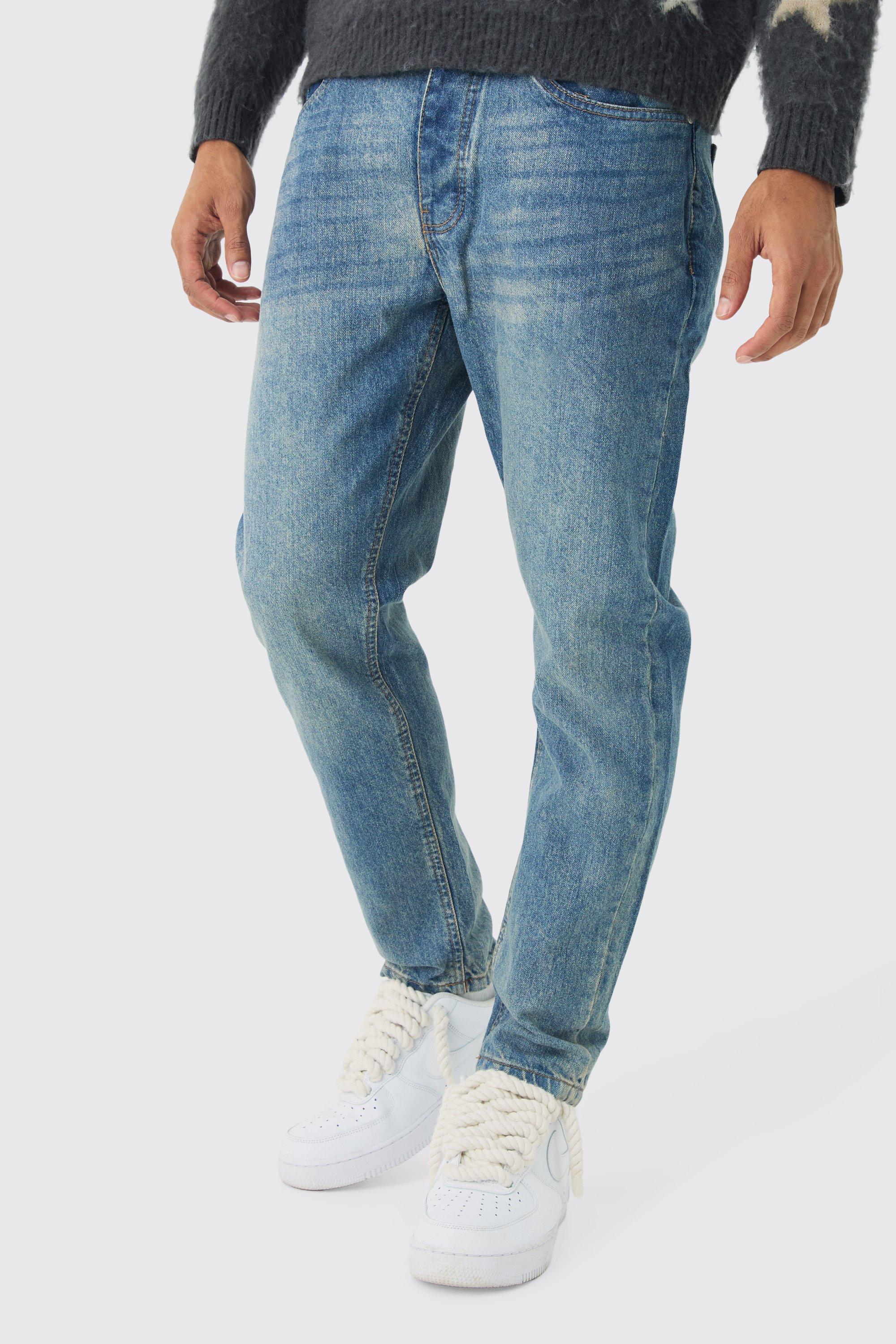 Jeans affusolati in denim rigido blu vintage, Azzurro