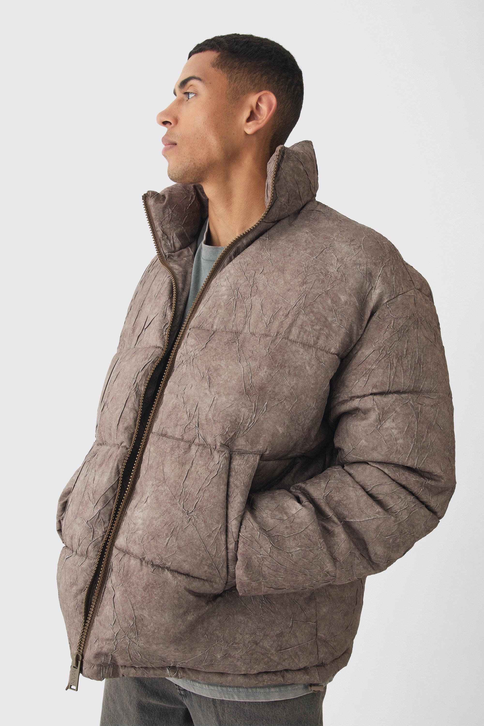 Mens Oversized Crinkle Funnel Neck Puffer Jacket In Brown, Brown