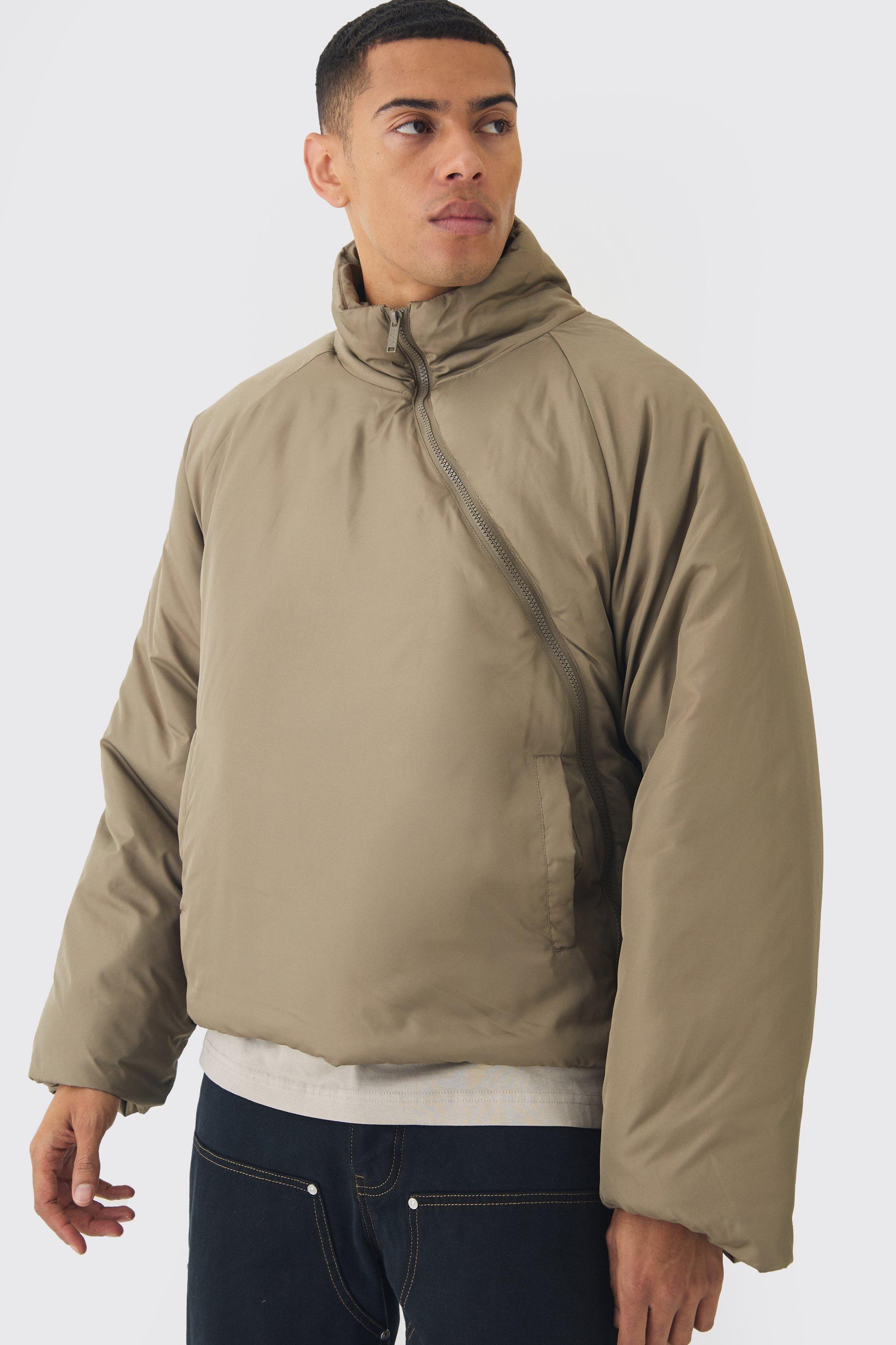 Piumino imbottito curvo color pietra con zip, Beige