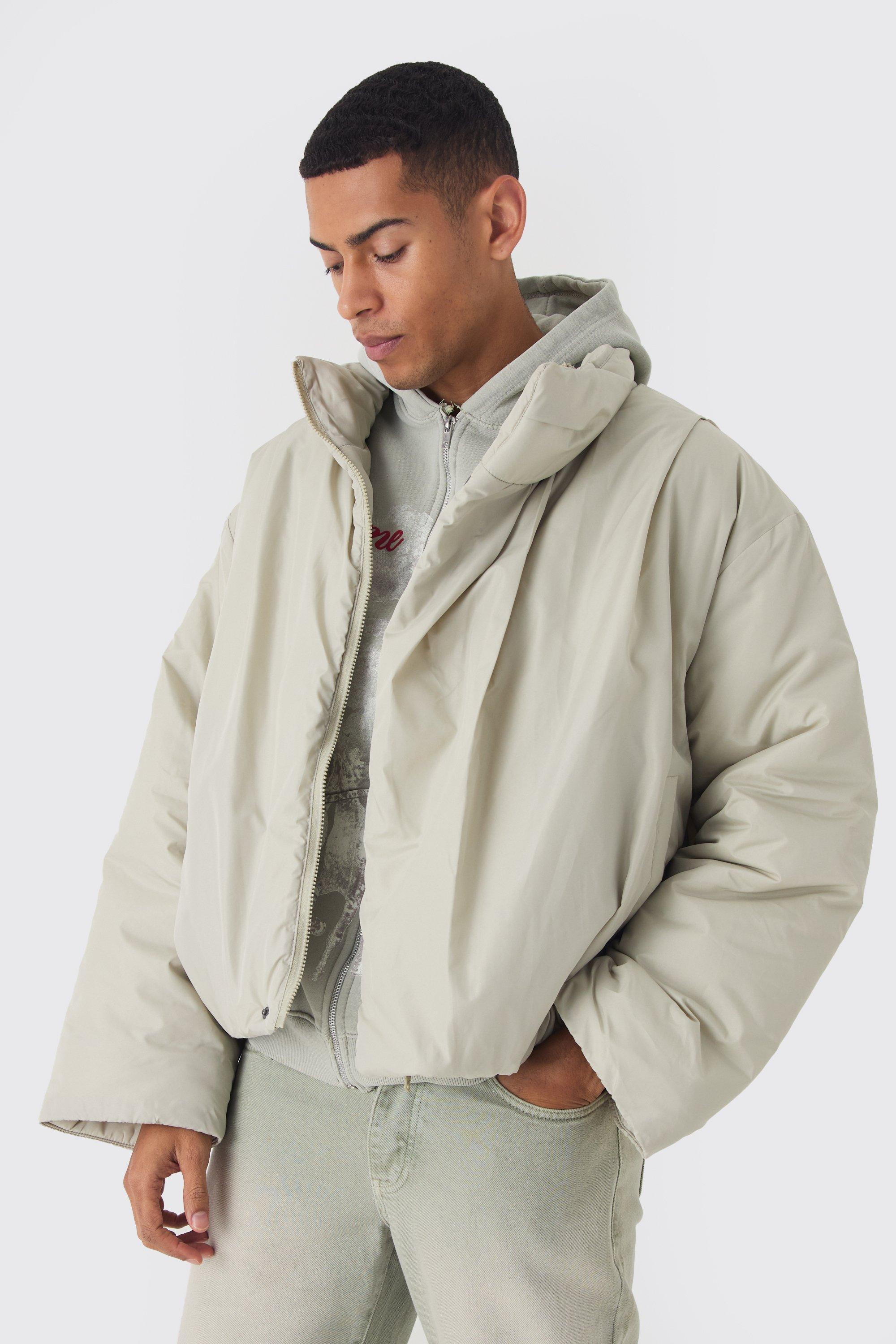 Mens Beige Heavy Padded Funnel Neck Coat In Stone, Beige