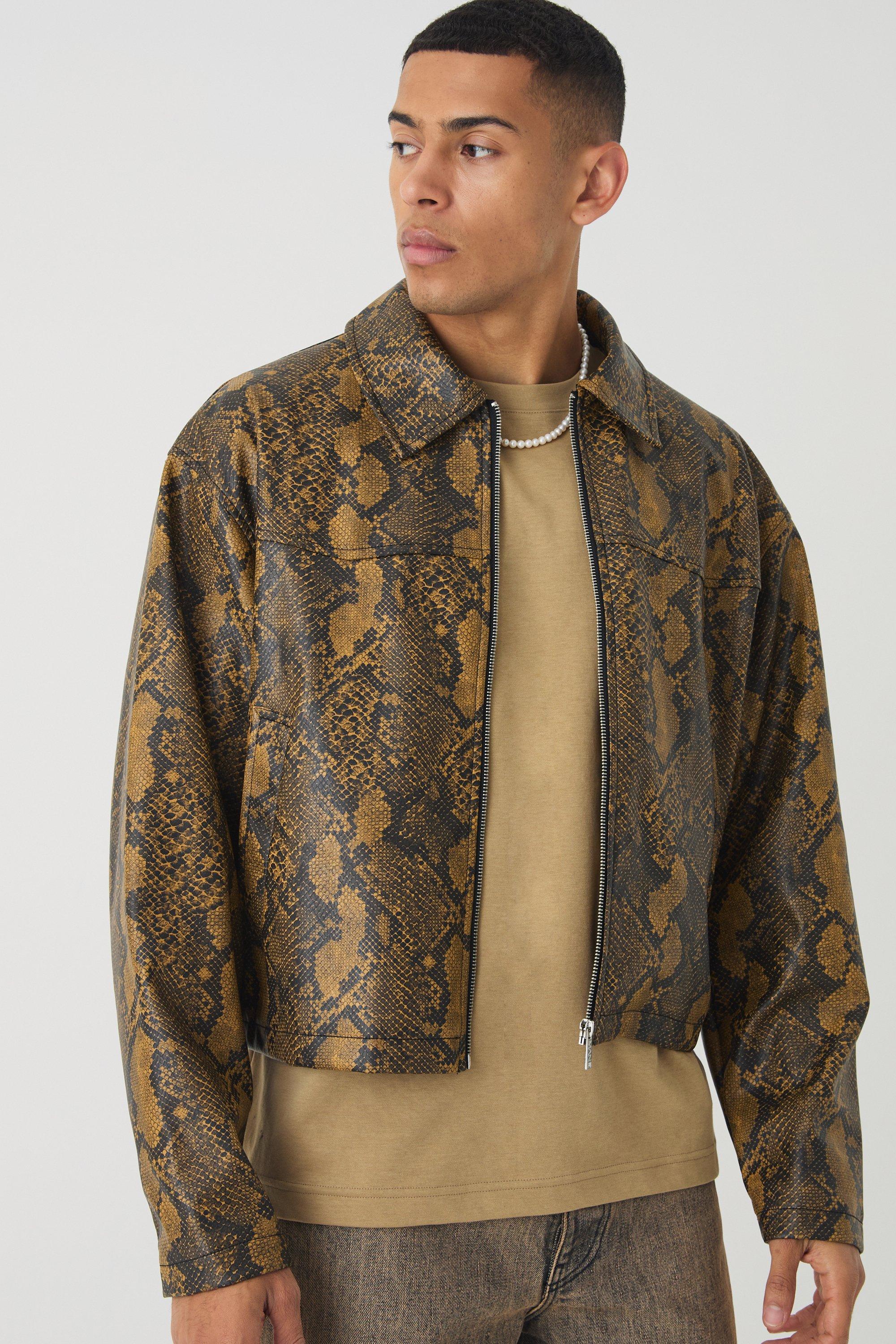 Giacca Harrington squadrata in PU effetto pelle di serpente marrone, Brown