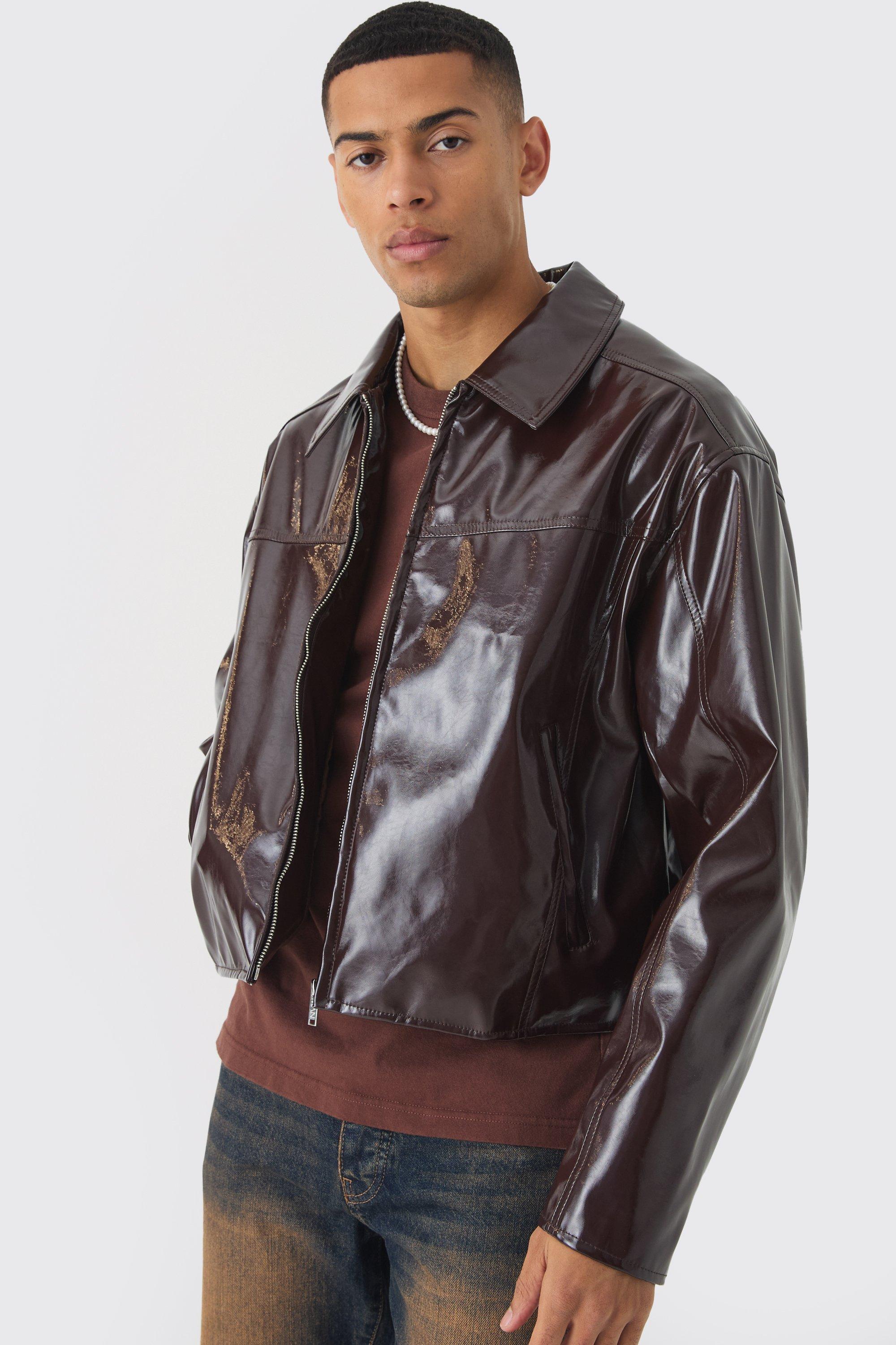 Giacca Harrington squadrata in PU in vinile bordeaux, Rosso