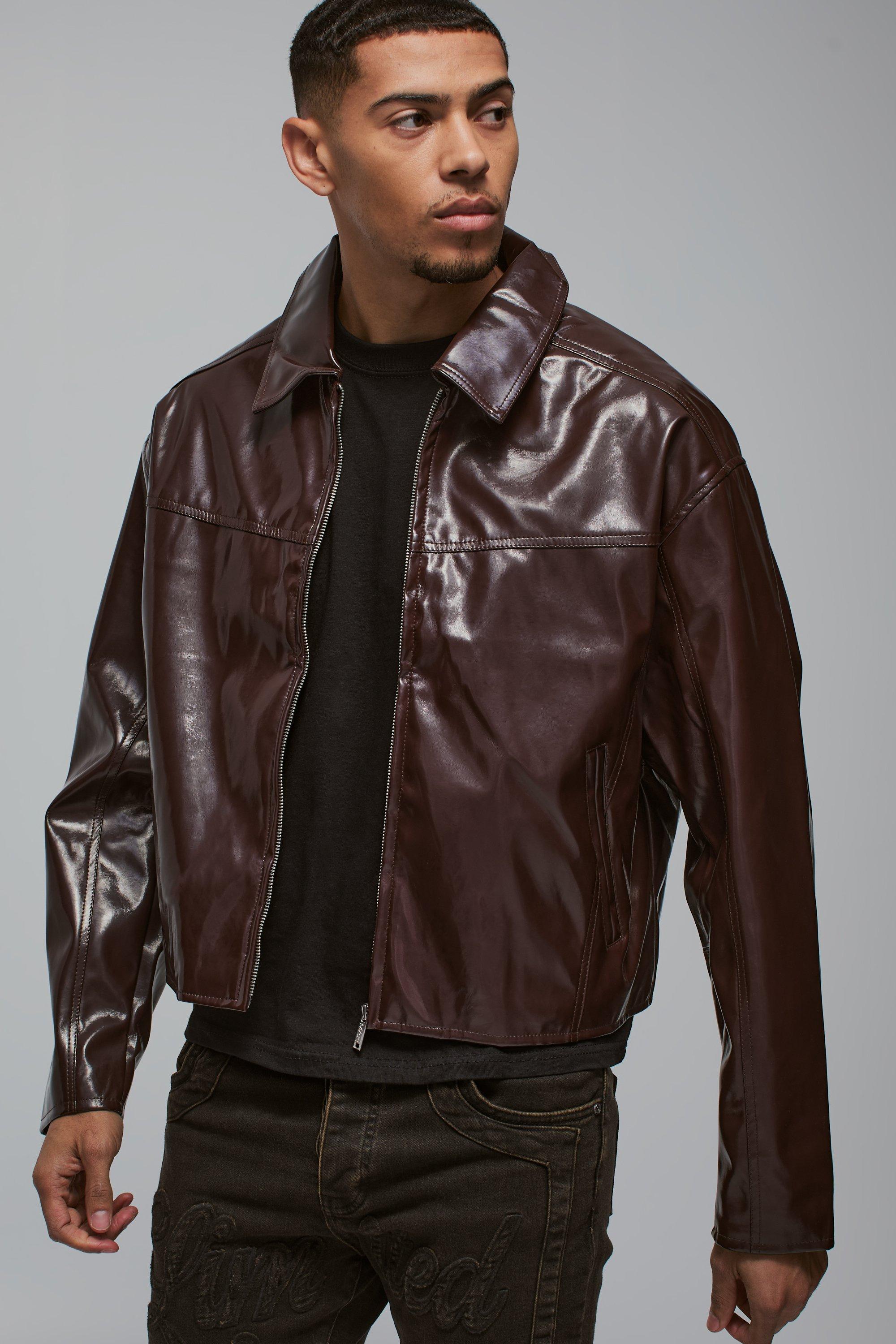 Mens Red Boxy Vinyl PU Harrington Jacket In Burgundy, Red