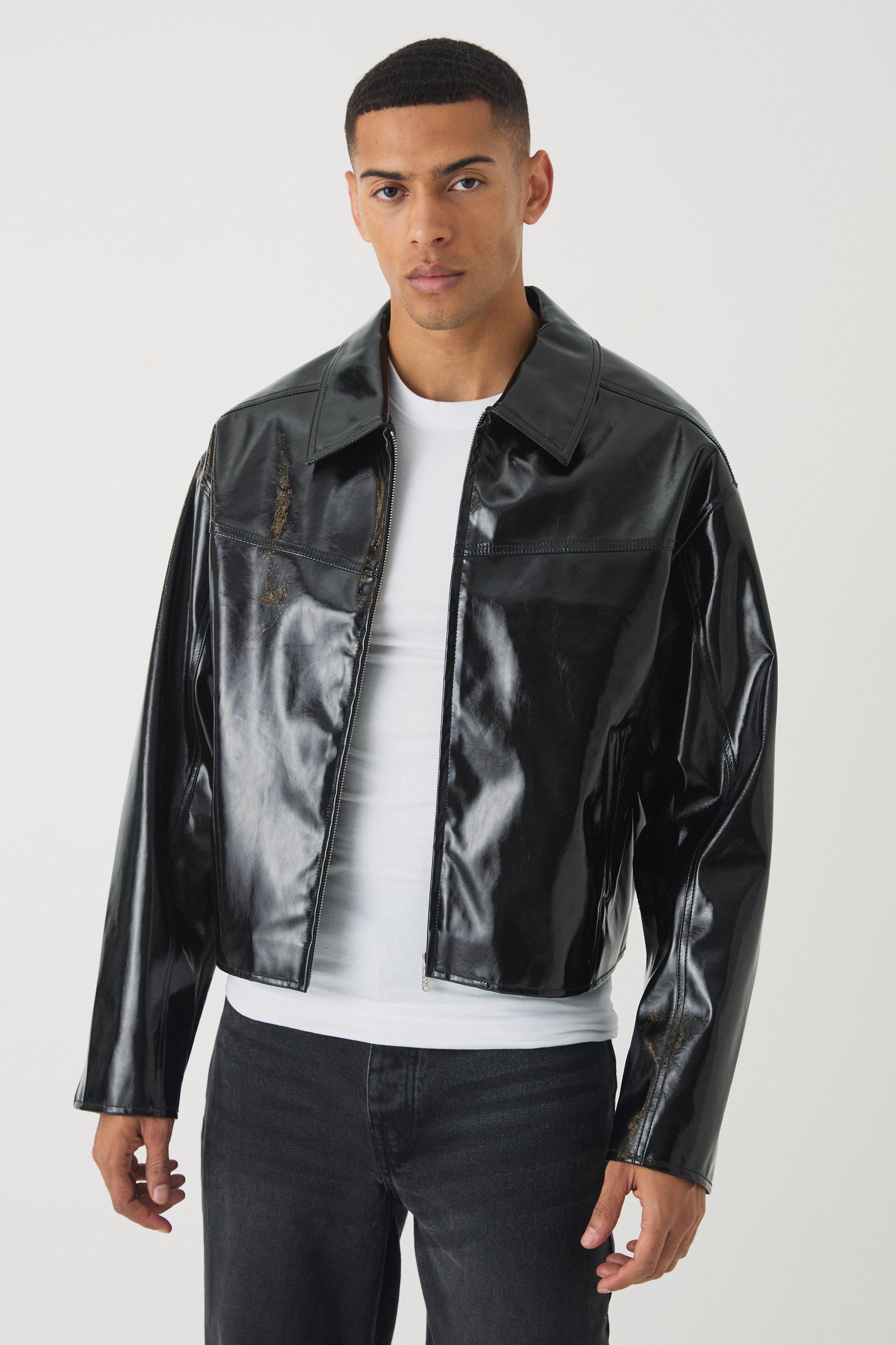 Giacca Harrington squadrata in PU in vinile nero, Nero