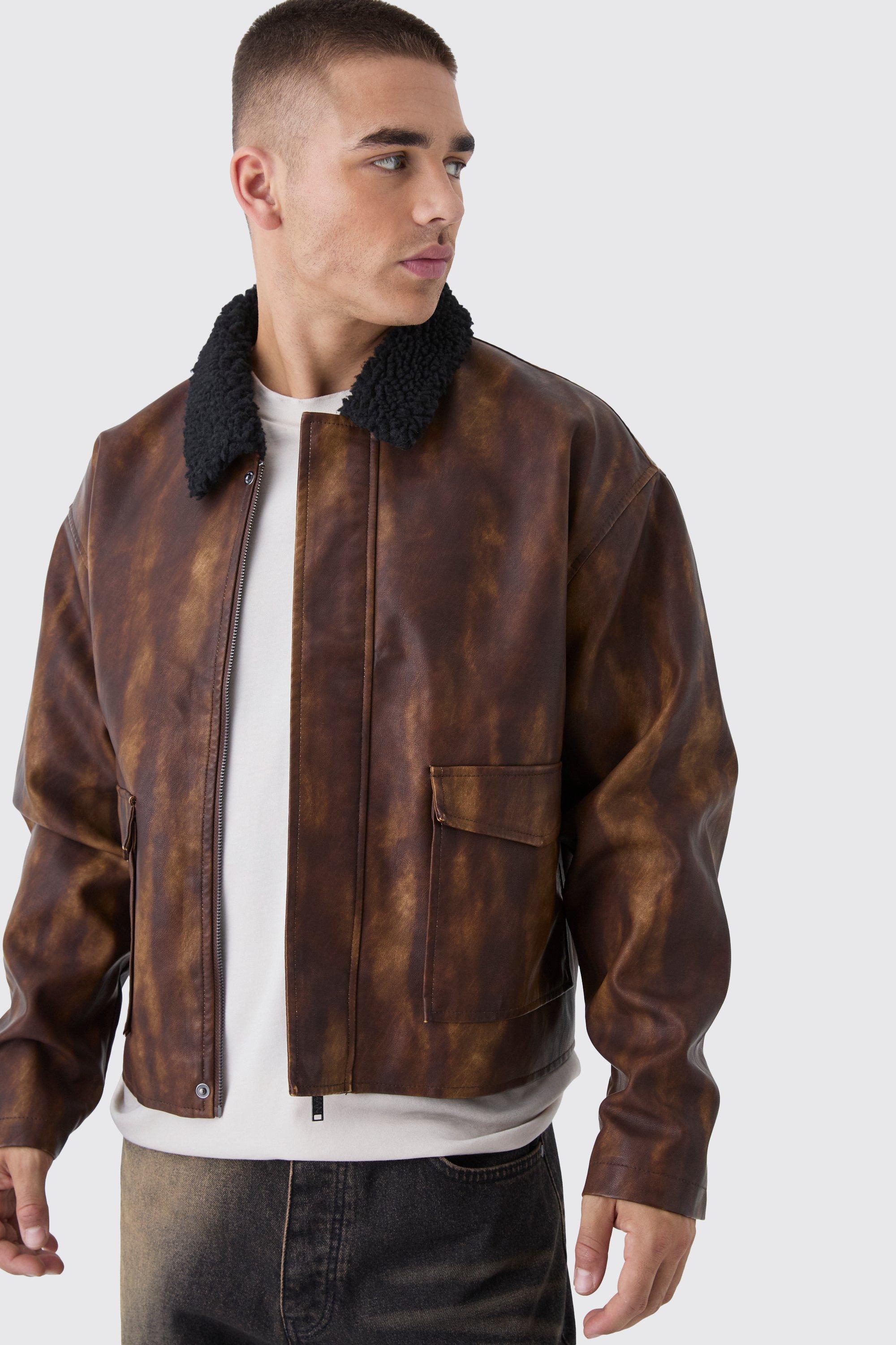 Giacca Harrington squadrata in PU slavato marrone con colletto in pile borg, Brown